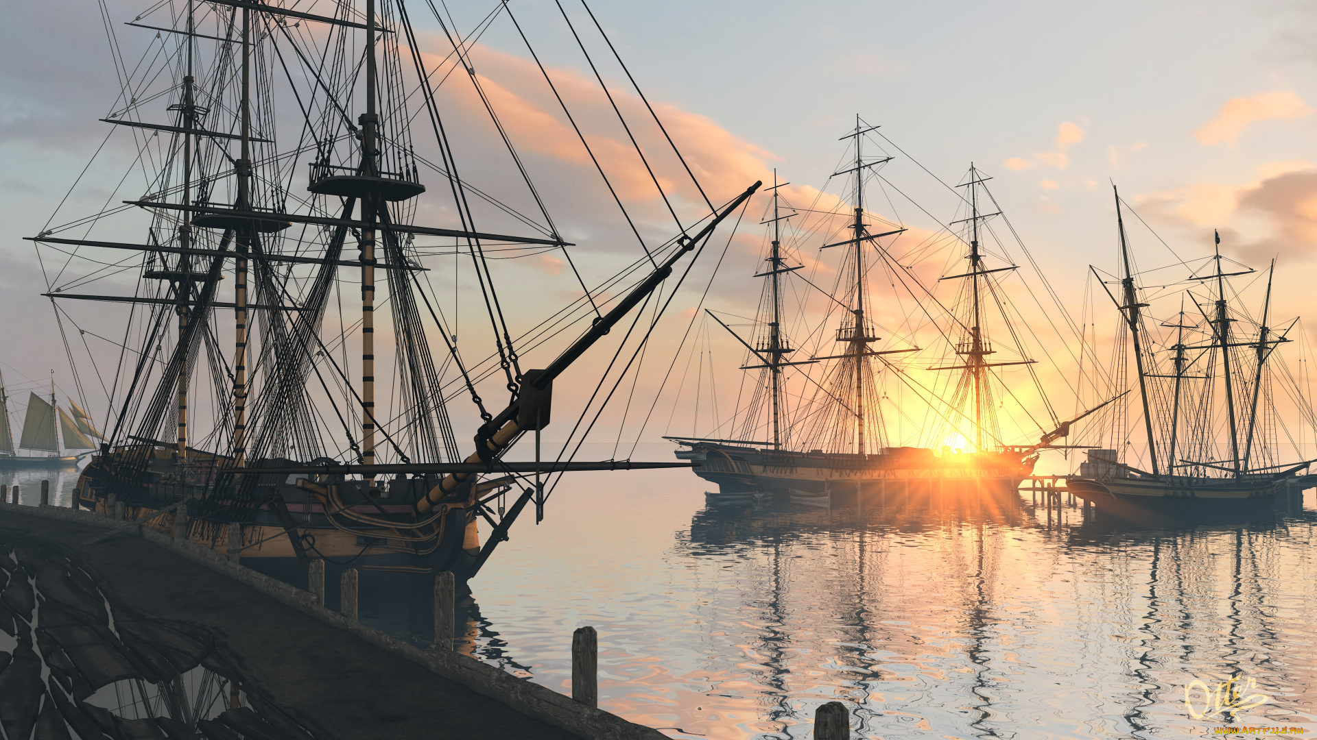 корабли, 3d, парусники, закат, море