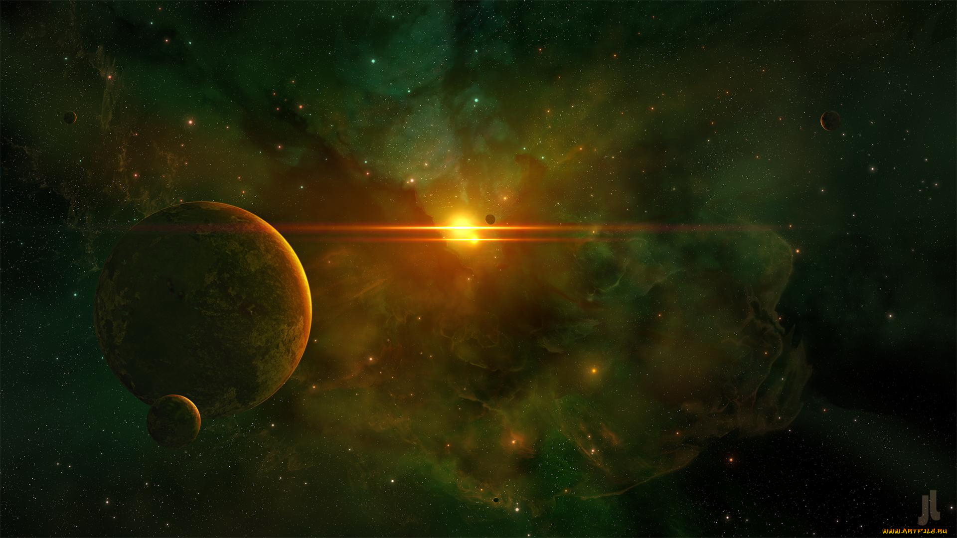 космос, арт, туманность, звезды, свечение, планеты