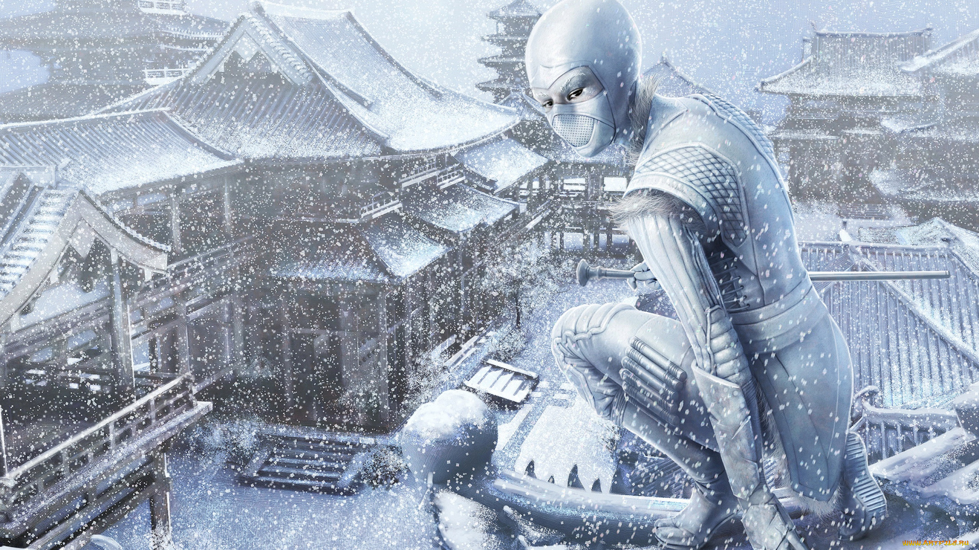 steve, argyle, фэнтези, девушки, девушка, steve, argyle, снег, зима, крыша, дома, улица, город, ниндзя