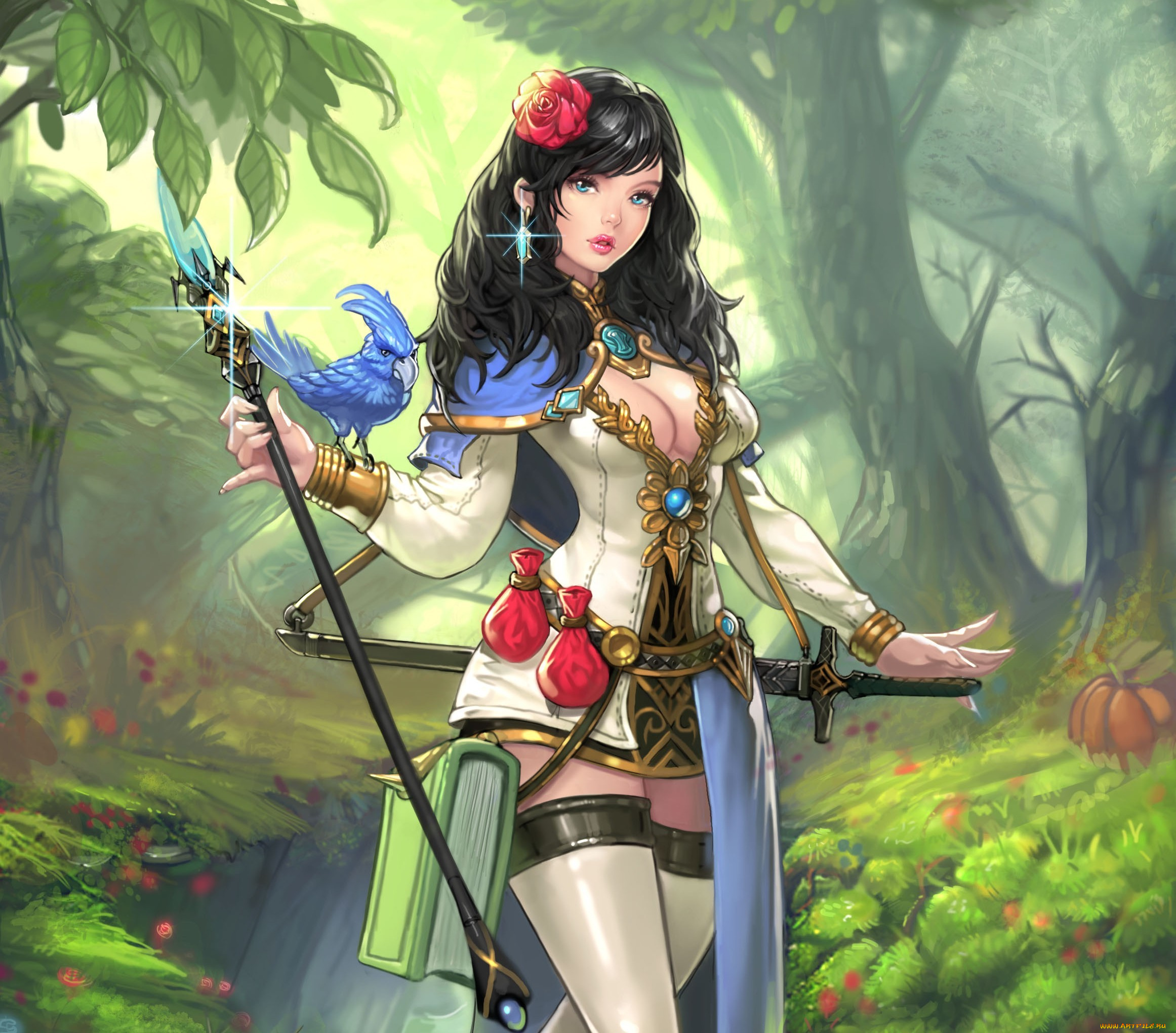 фэнтези, девушки, лес, книга, цветок, меч, посох, птица, блеск, мешочки, кристалл