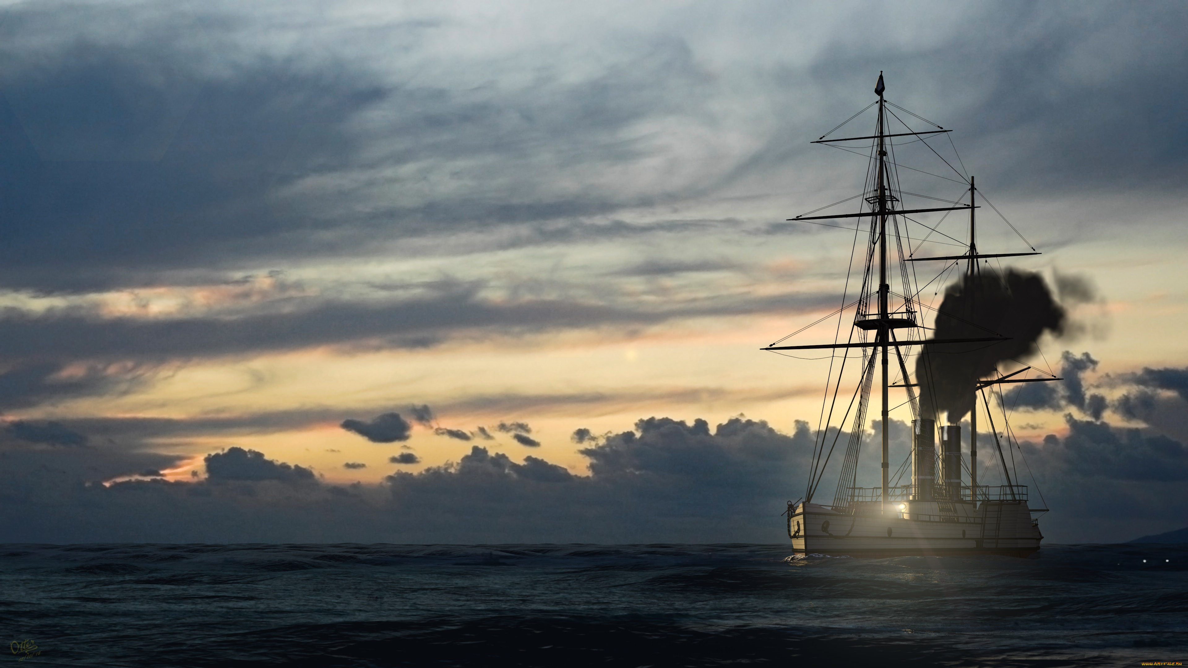 корабли, 3d, облака, море