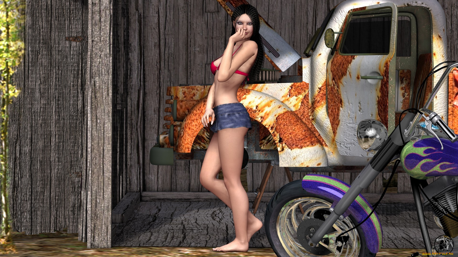 автомобили, 3d, car&girl, девушка, взгляд, фон, автомобиль, гараж