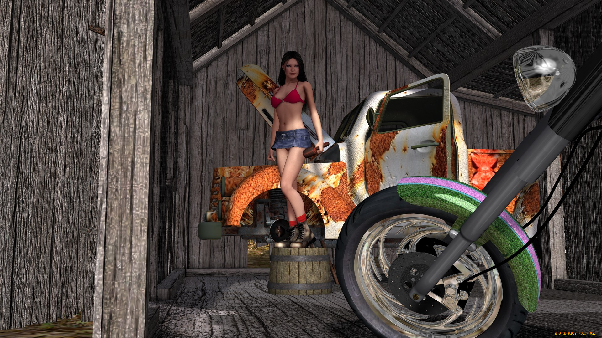 автомобили, 3d, car&girl, девушка, взгляд, фон, автомобиль, гараж