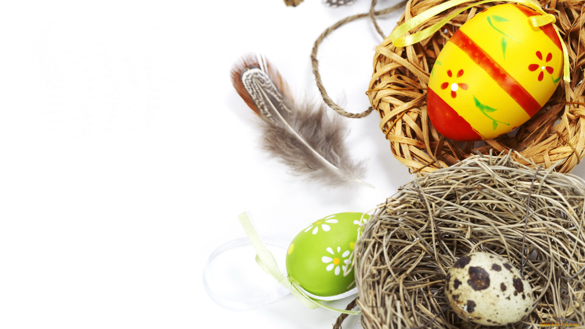 праздничные, пасха, праздник, корзина, перья