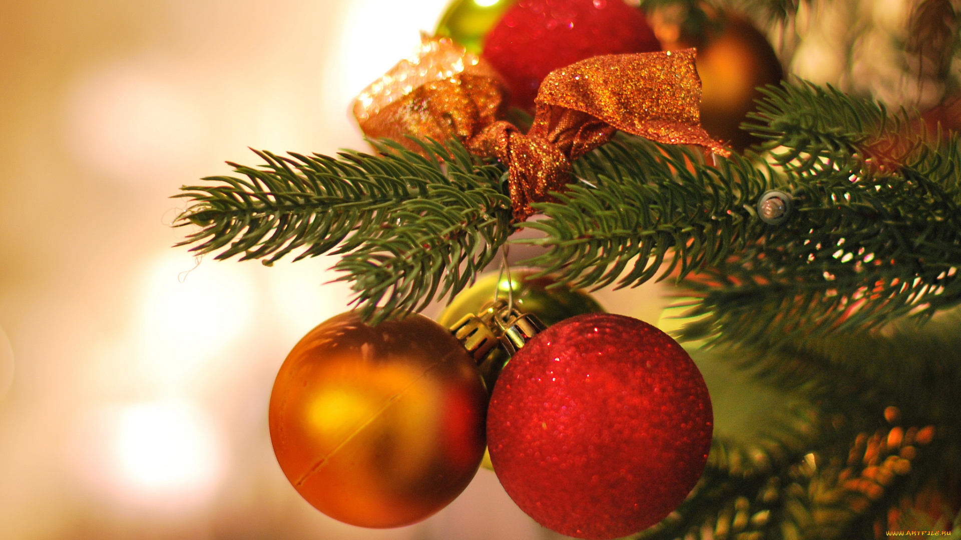 праздничные, шары, бант, хвоя, ёлка, ветка