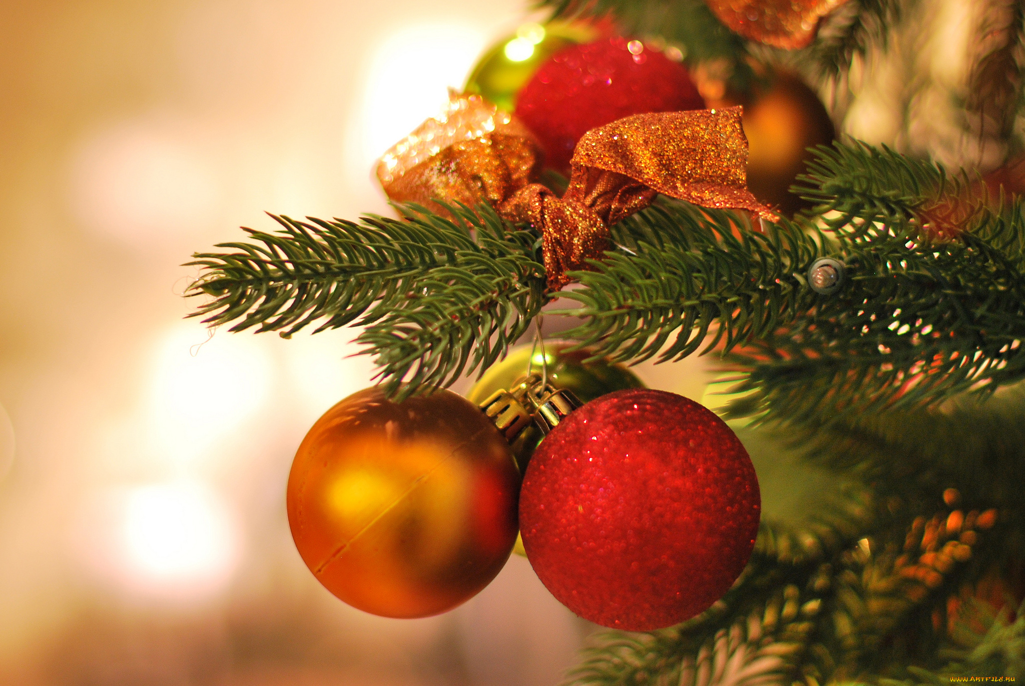 праздничные, шары, бант, хвоя, ёлка, ветка