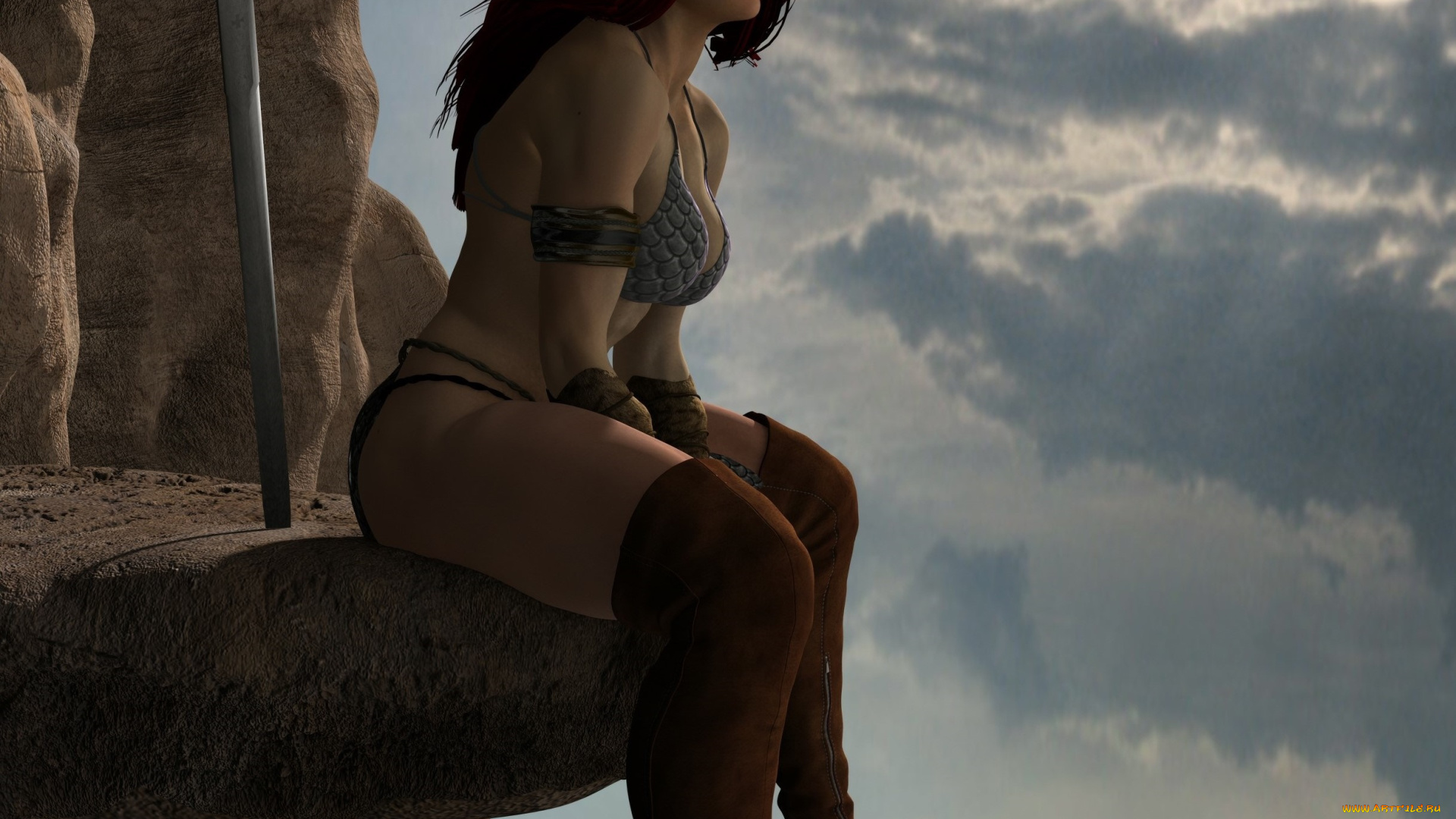 3д, графика, амазонки, , amazon, девушка, взгляд, фон, оружие, скала