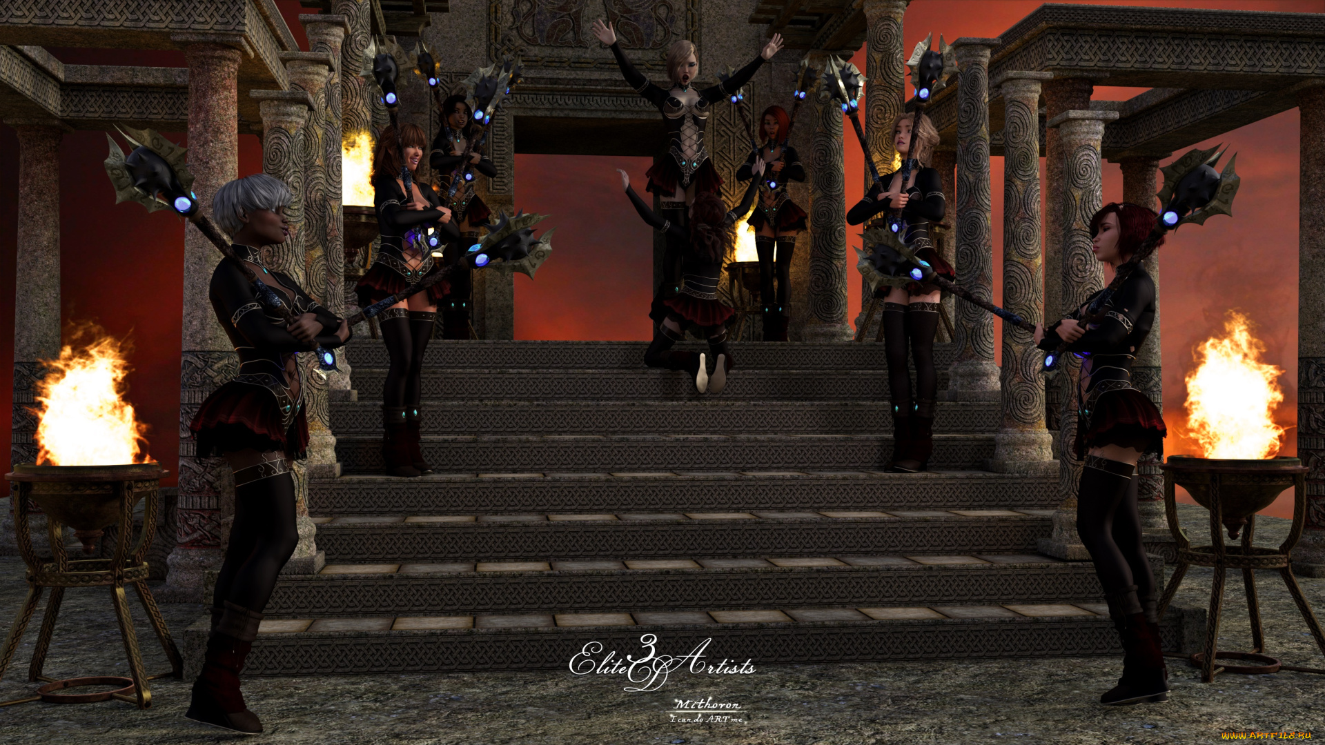 3д, графика, амазонки, , amazon, девушки, взгляд, фон, факелы