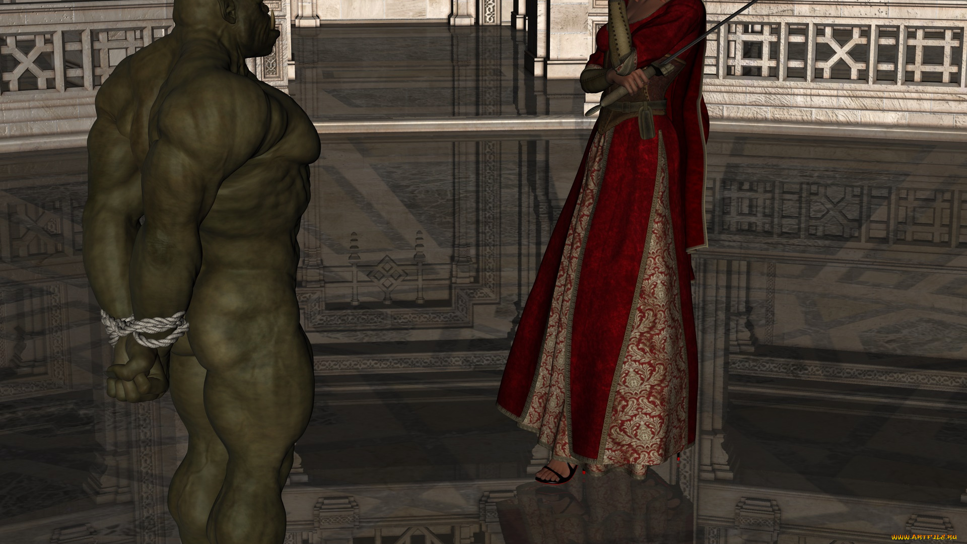 3д, графика, фантазия, , fantasy, девушка, взгляд, фон, монстр