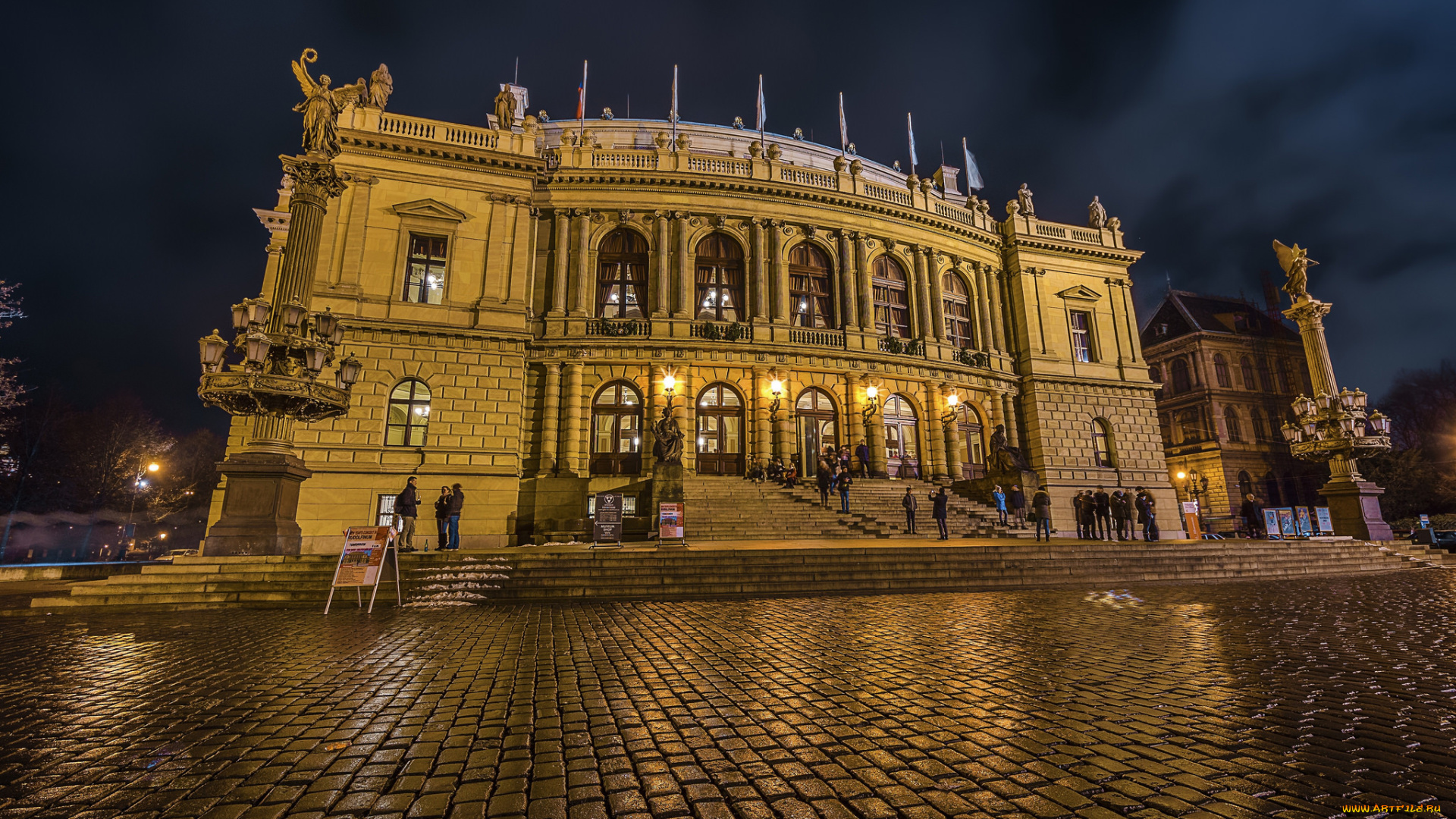 philharmonic, hall, prague, города, прага, , Чехия, площадь, ночь, дворец