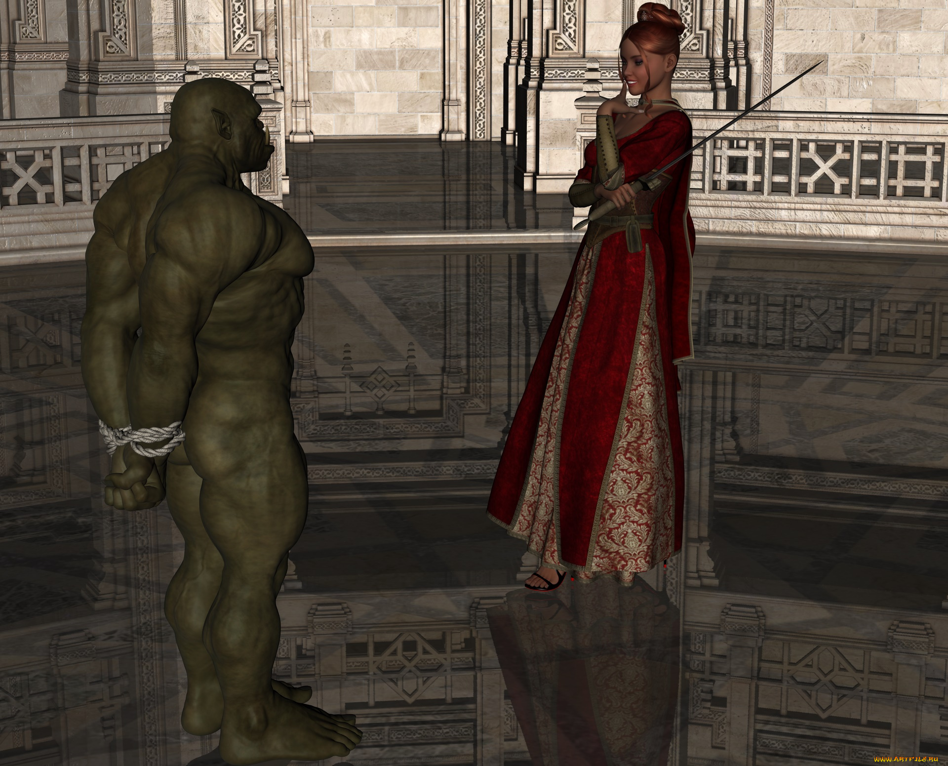 3д, графика, фантазия, , fantasy, девушка, взгляд, фон, монстр