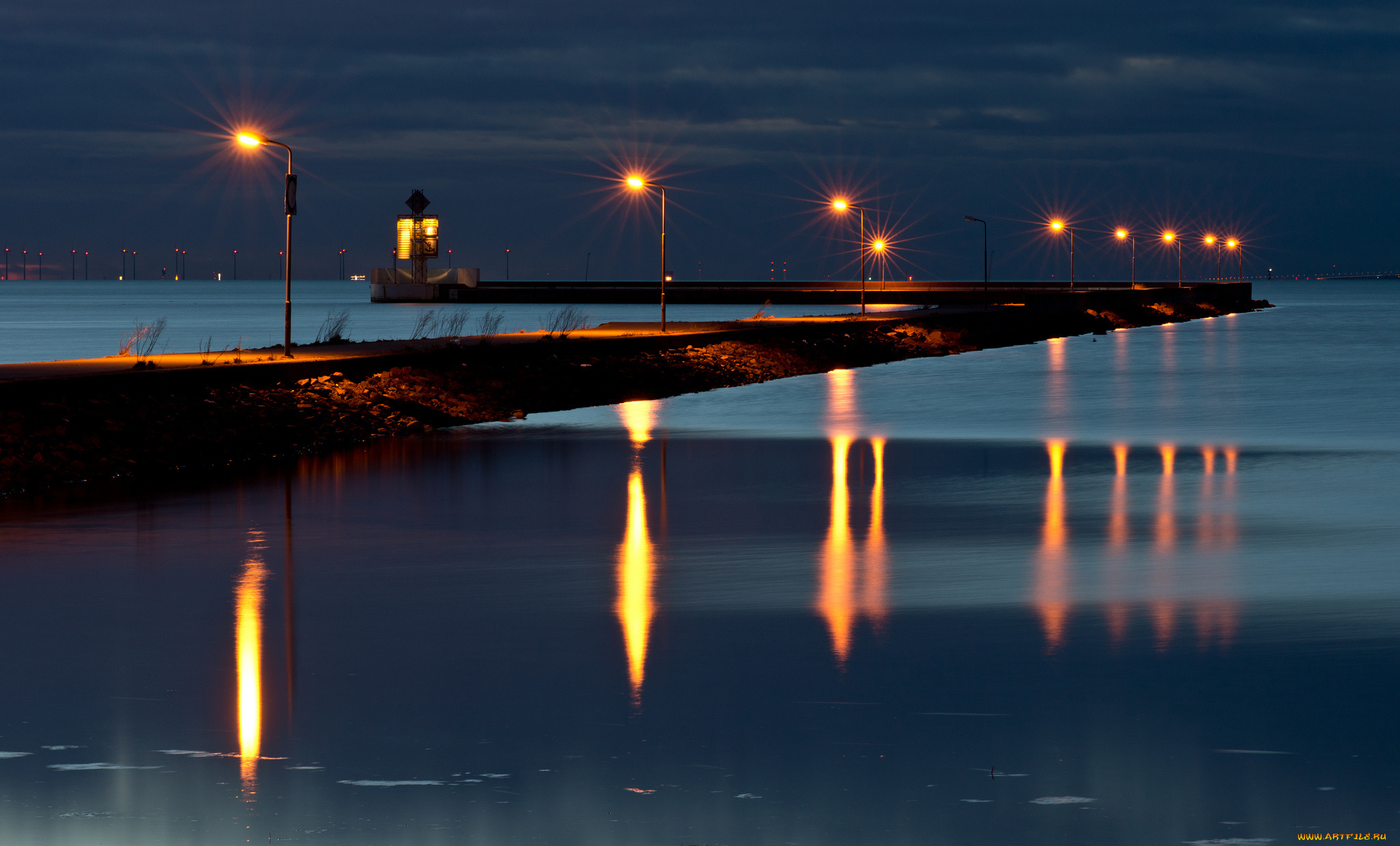 природа, побережье, ночь, канал, пирс, огни