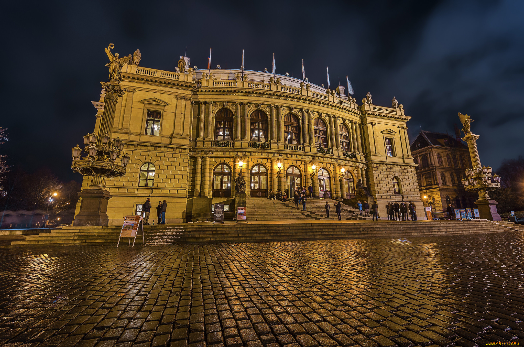 philharmonic, hall, prague, города, прага, , Чехия, площадь, ночь, дворец