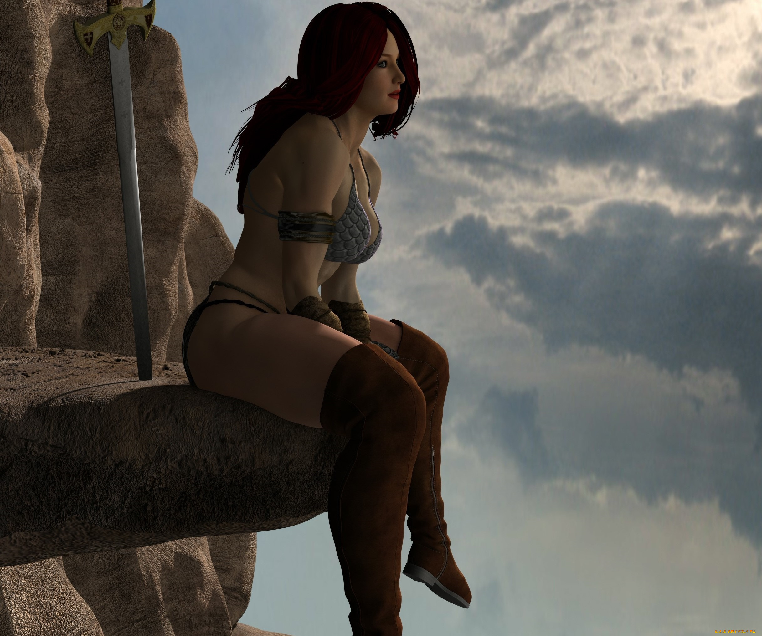 3д, графика, амазонки, , amazon, девушка, взгляд, фон, оружие, скала