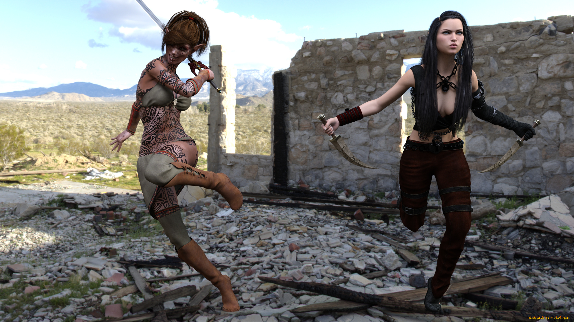 3д, графика, эльфы, , elves, фон, девушка, взгляд, оружие, эльфийка