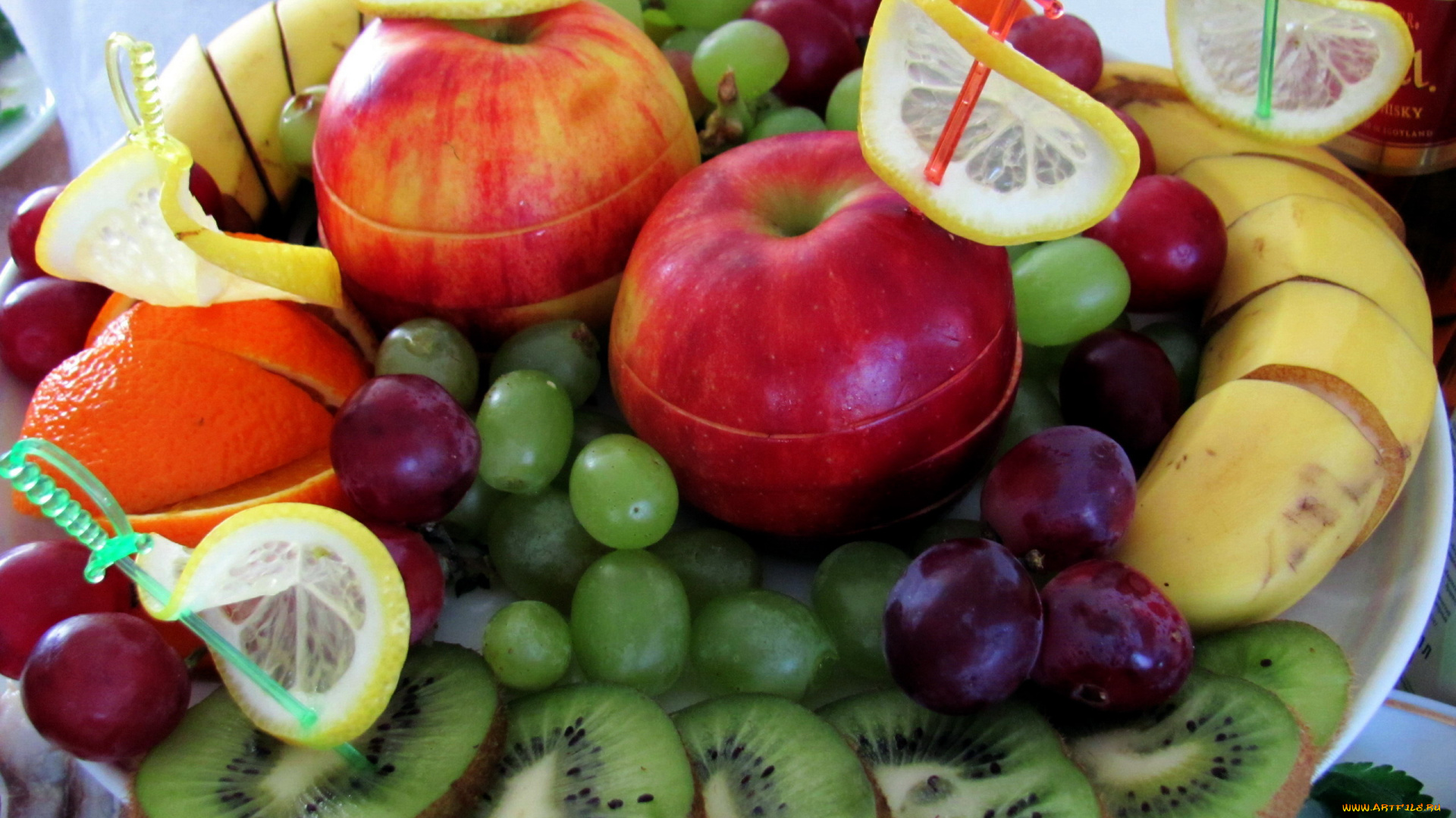 еда, фрукты, , ягоды, банан, киви, яблоки, виноград