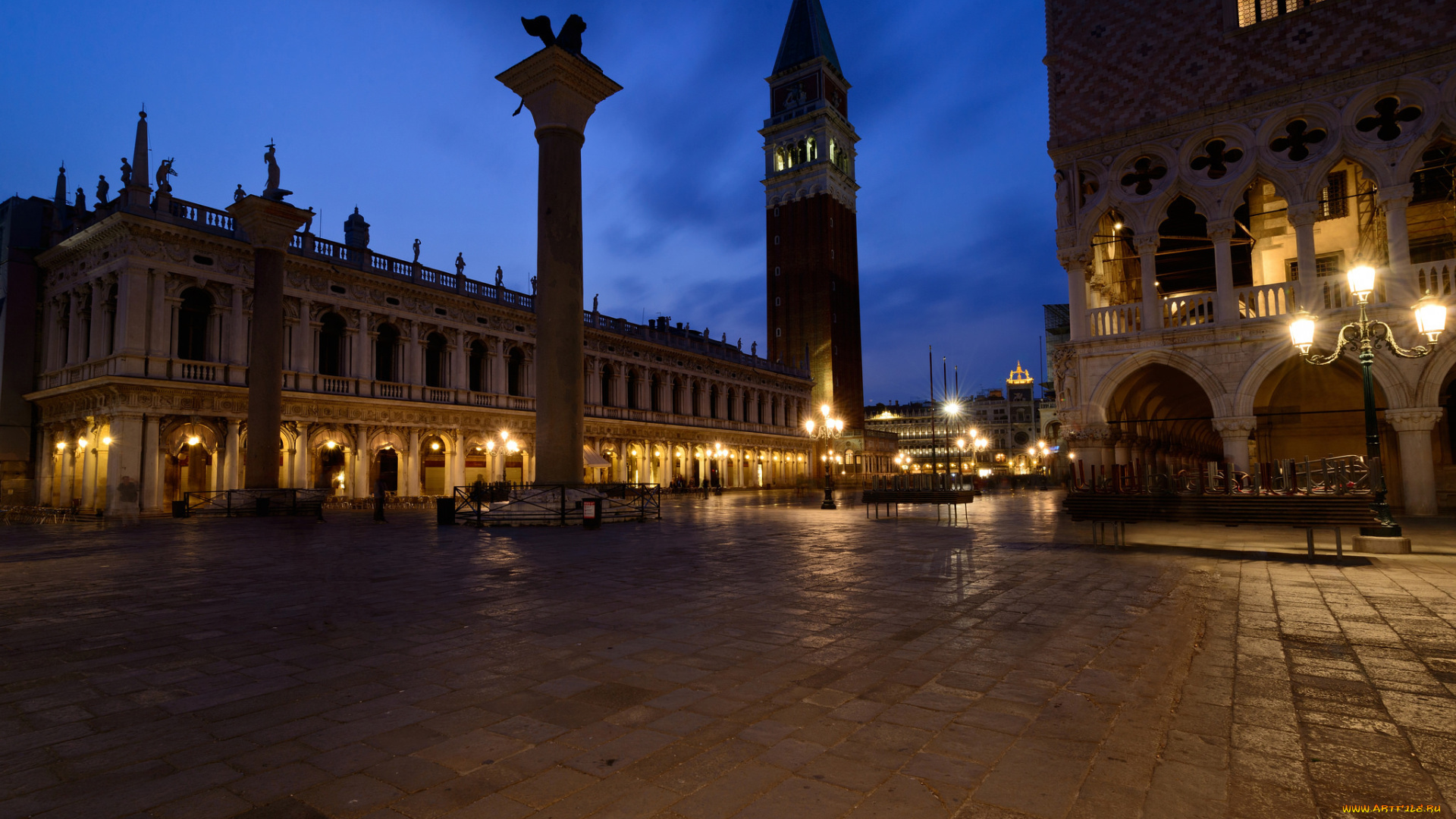 города, венеция, , италия, дворец, дождей, огни, небо, облака, кампанила, ночь, пьяцетта, колонна, святого, марка, теодора, венеция