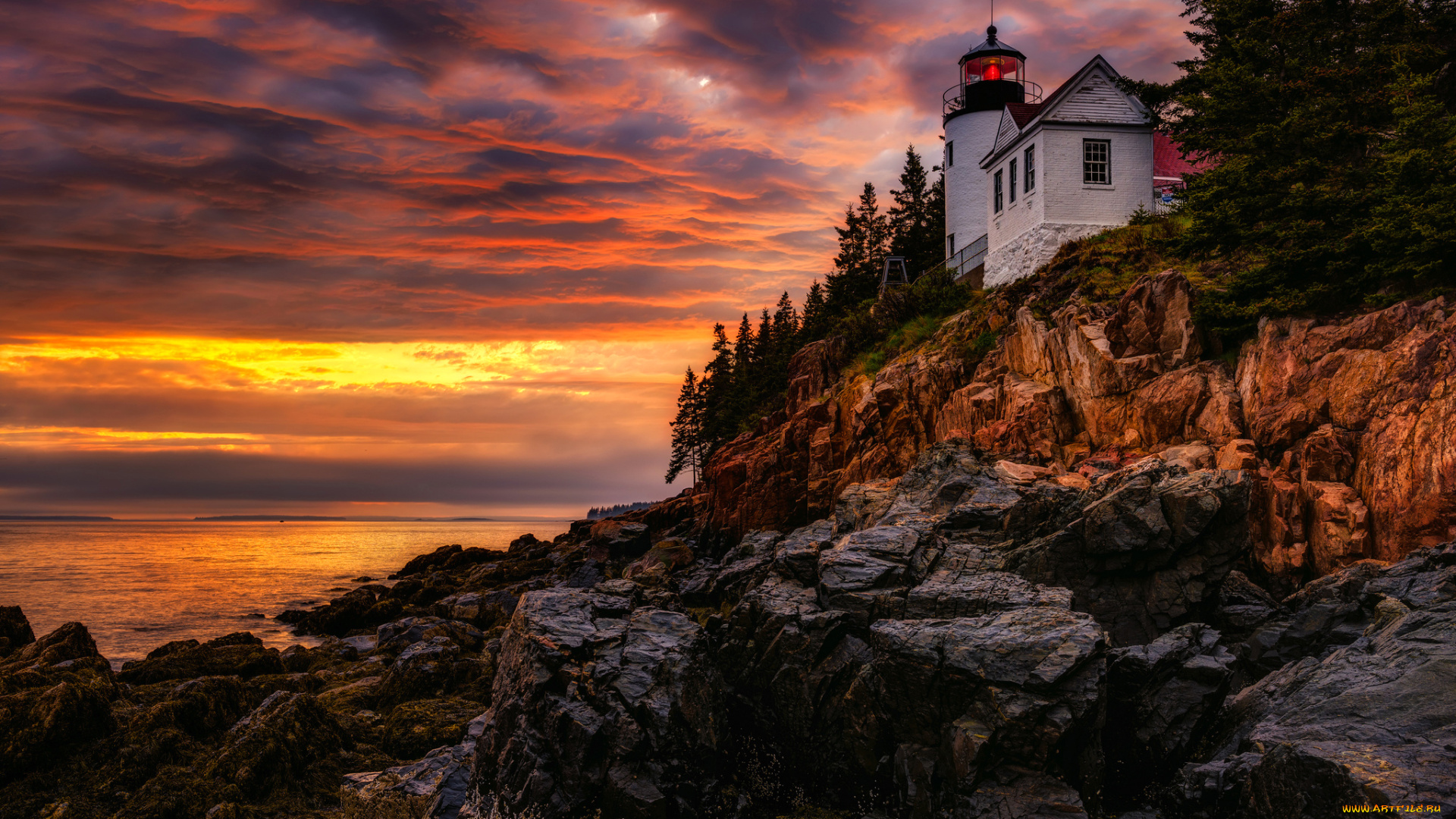 природа, маяки, зарево, мэн, деревья, бас-харбор, вечер, хэнкок, маяк, скалы, облака, сша