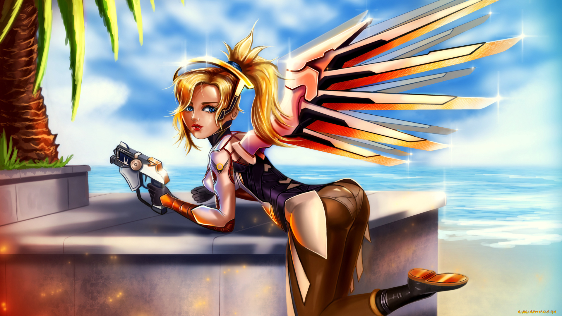 видео, игры, overwatch, пистолет, крылья, униформа, взгляд, фон, девушка