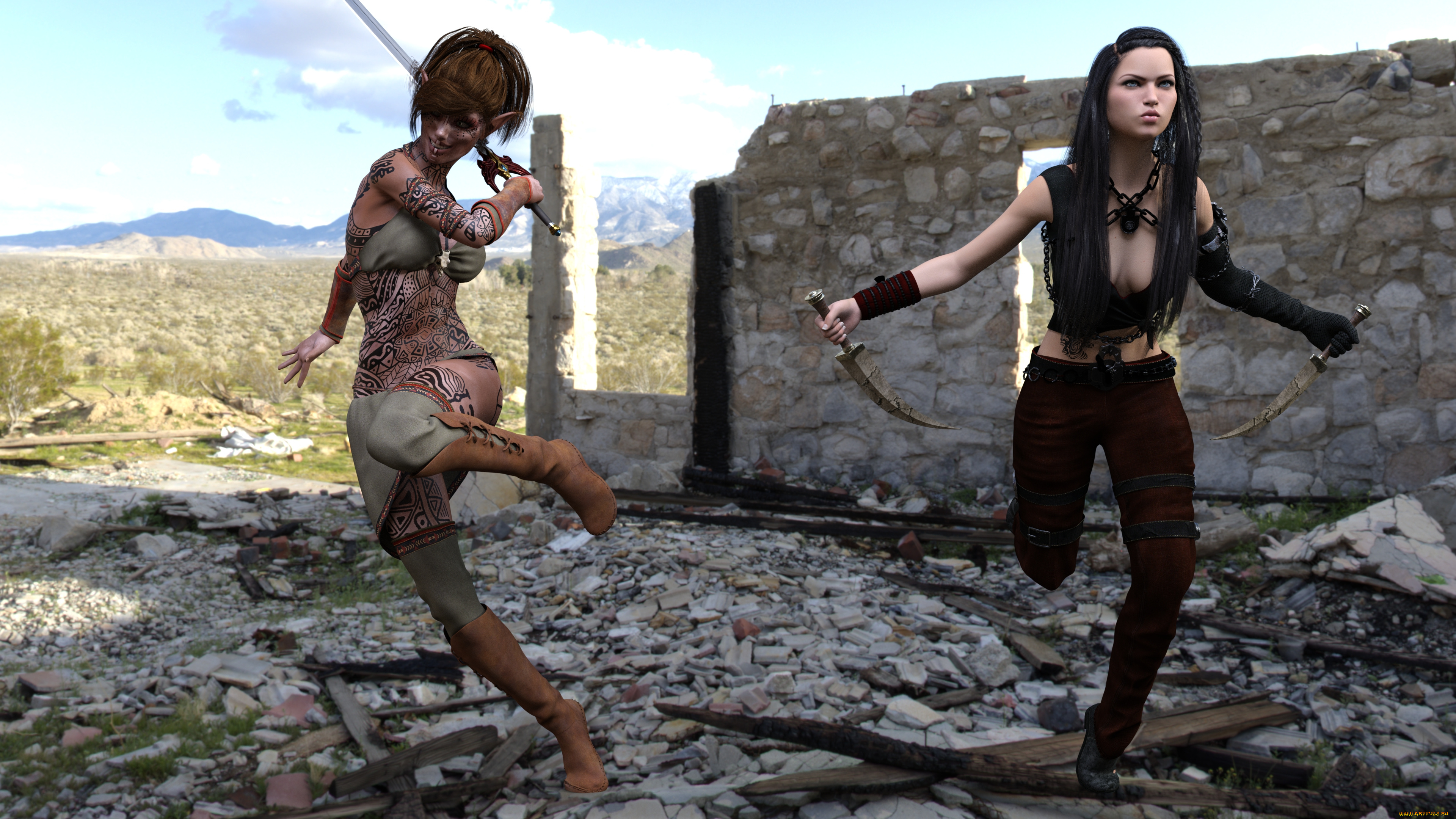 3д, графика, эльфы, , elves, фон, девушка, взгляд, оружие, эльфийка