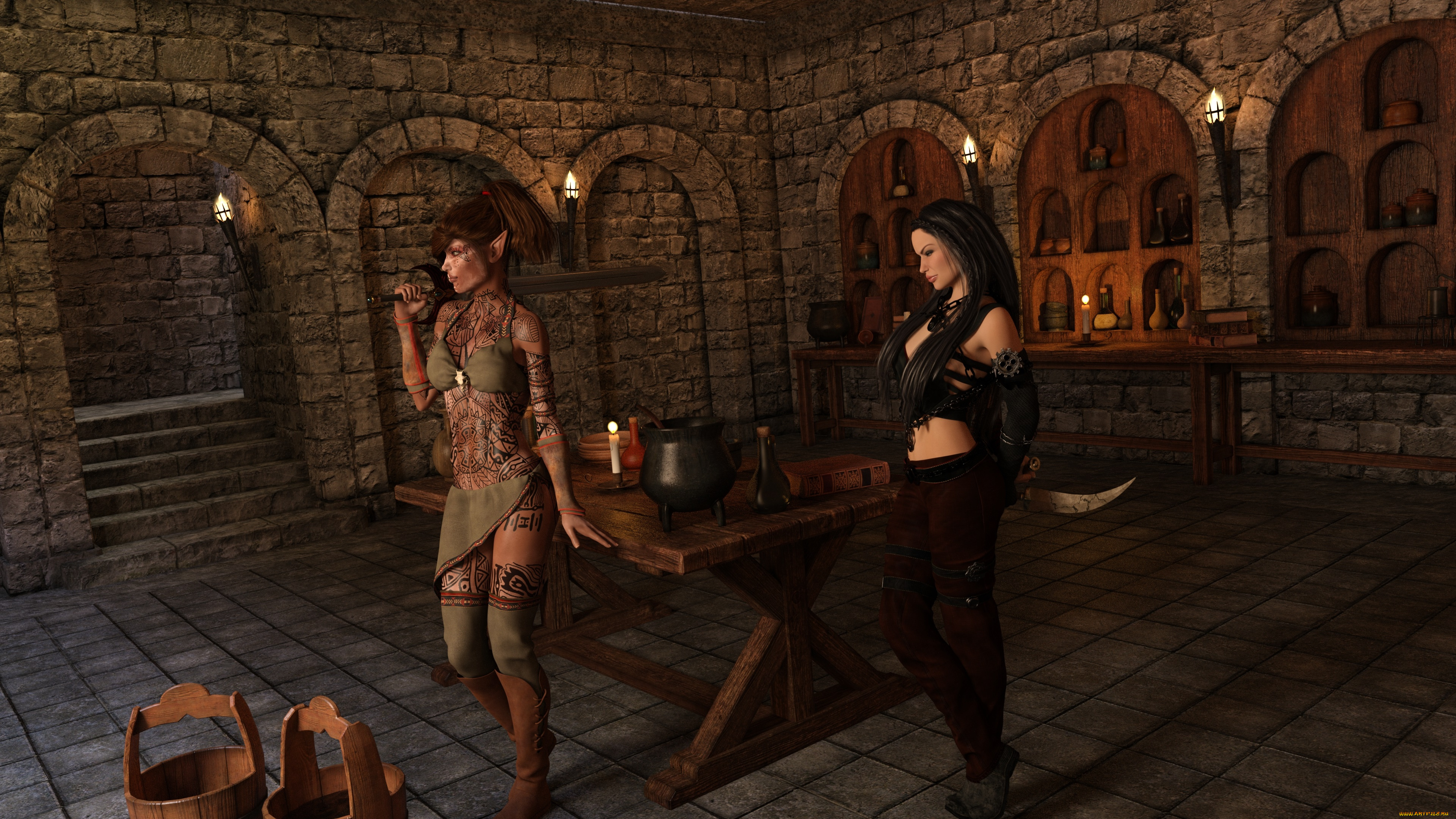 3д, графика, эльфы, , elves, оружие, эльфийка, фон, взгляд, девушка