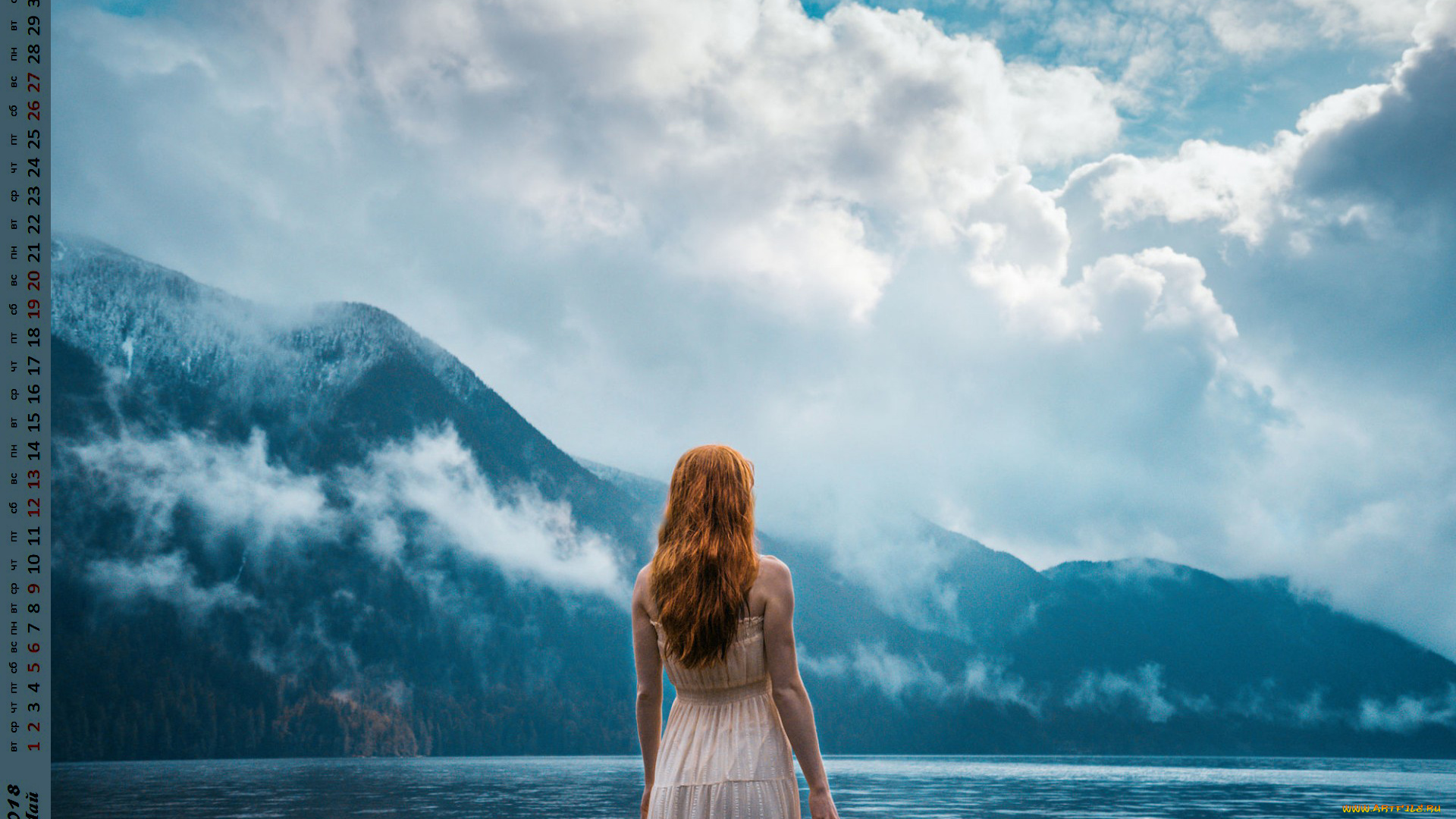 календари, девушки, облака, гора, водоем