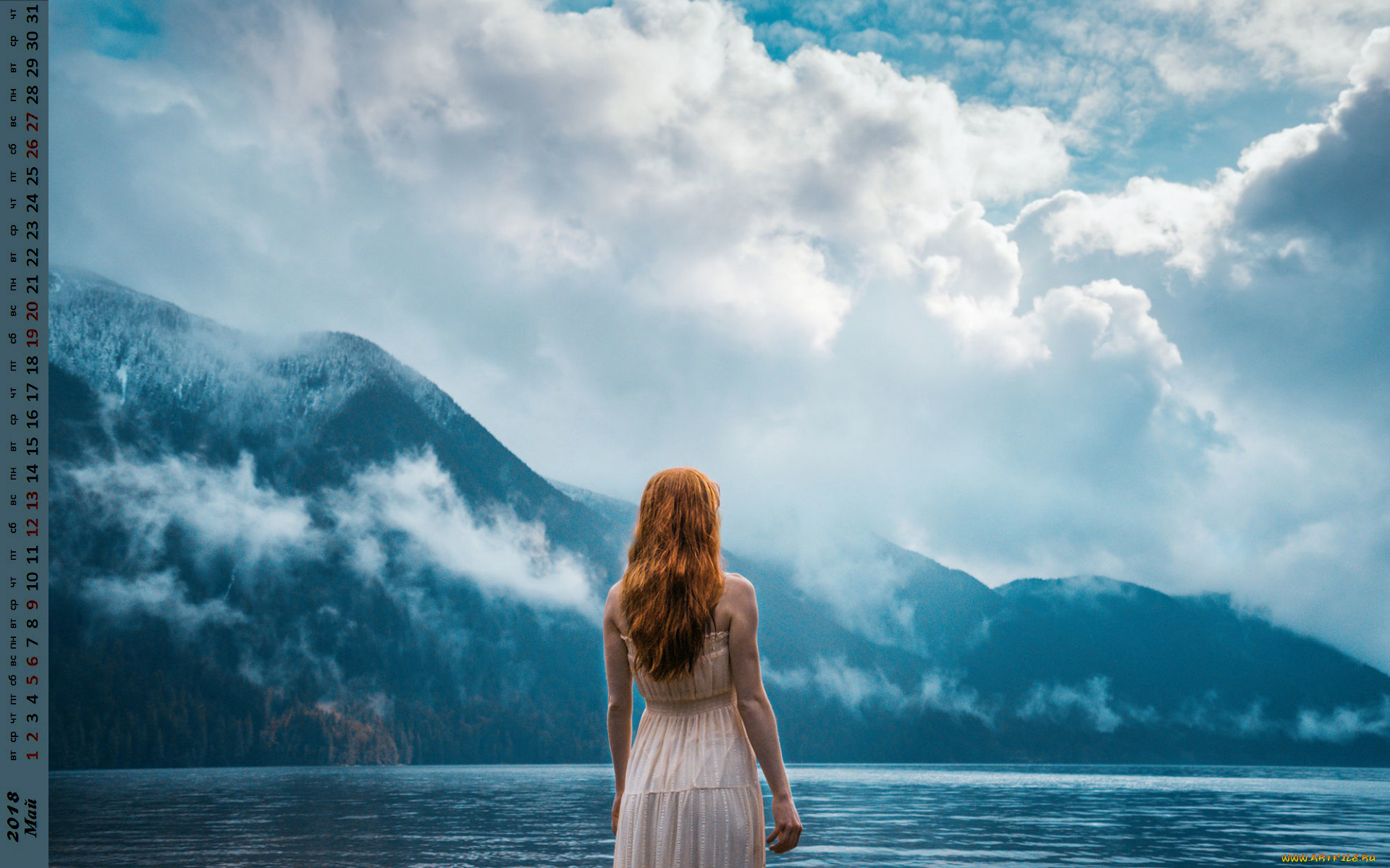 календари, девушки, облака, гора, водоем