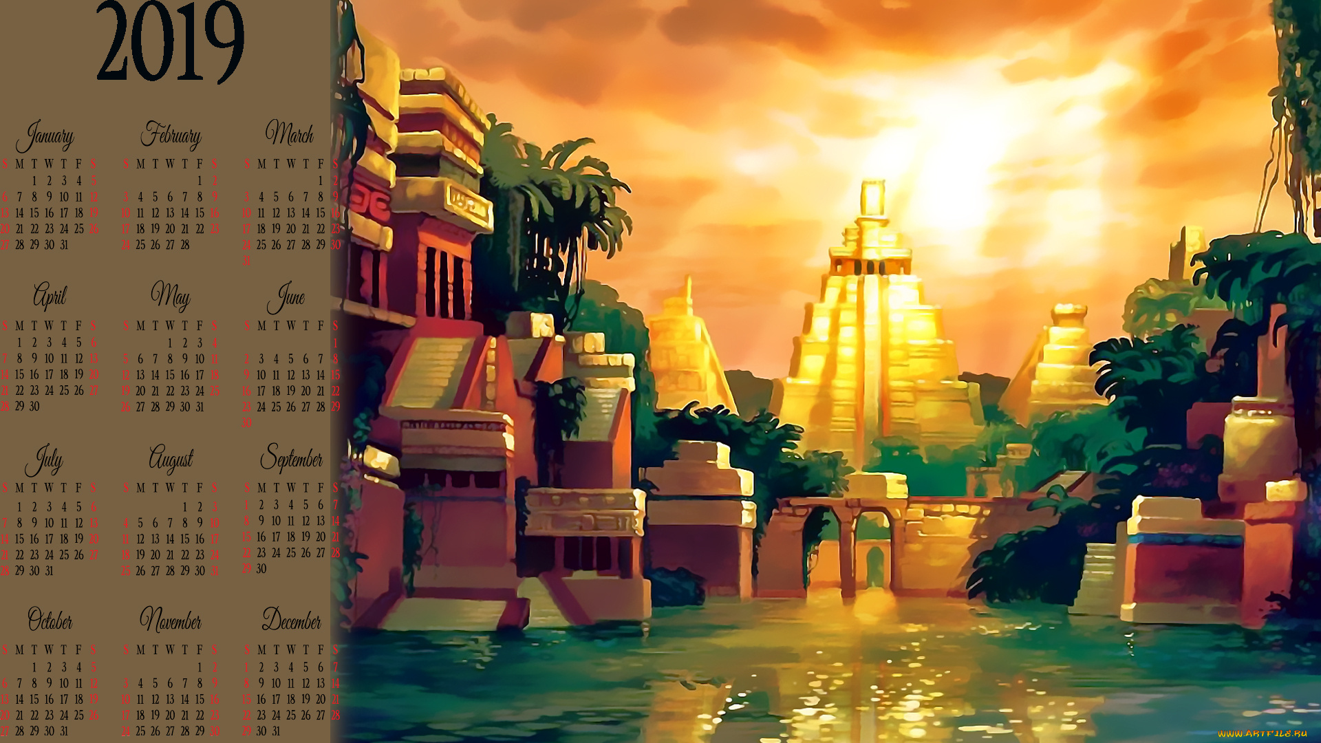 календари, фэнтези, постройка, здание, водоем