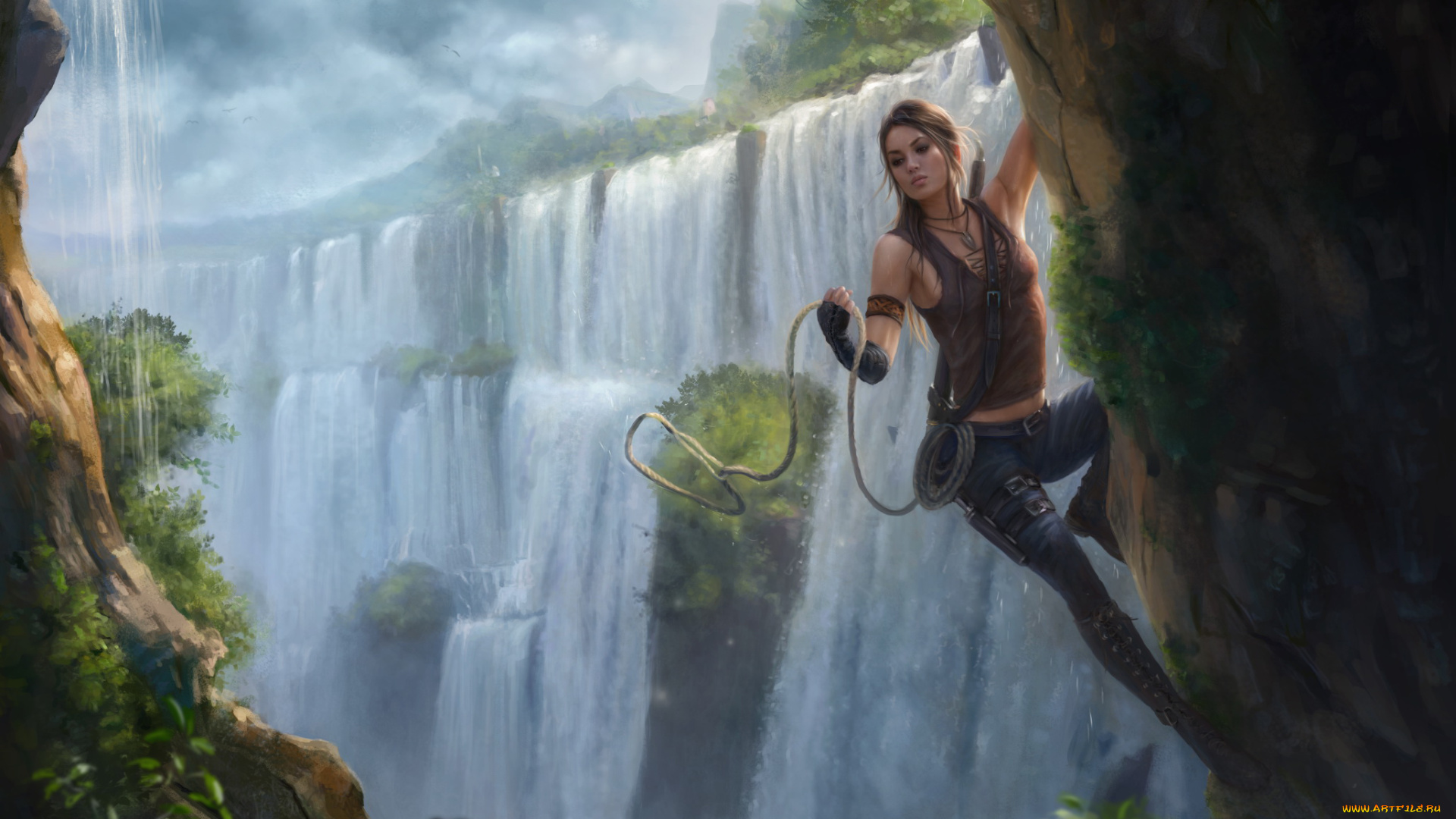 рисованное, люди, скала, водопад, фон, девушка