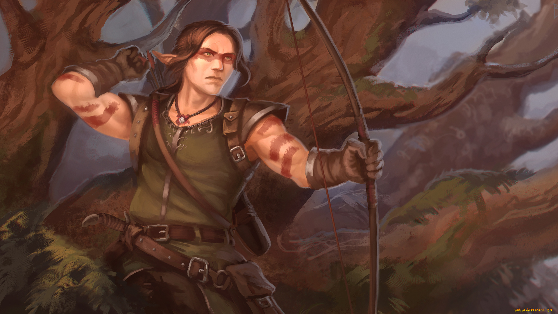 фэнтези, эльфы, мужчина, фон, взгляд, лук