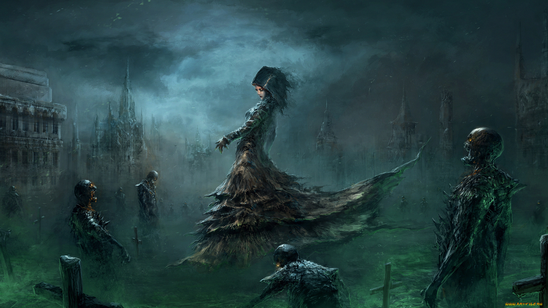 фэнтези, нежить, девушка, фон, кладбище, скелет