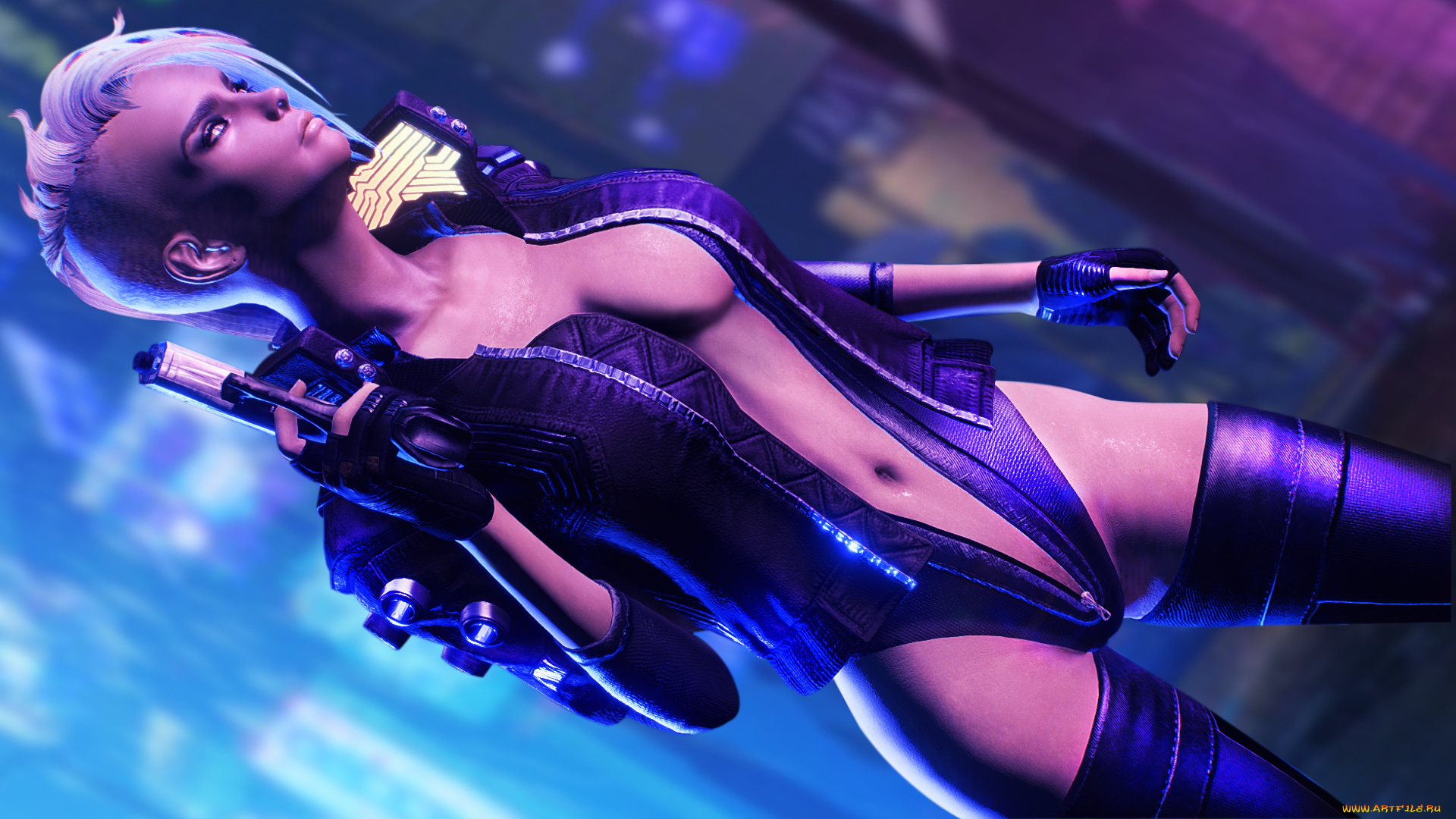 видео, игры, cyberpunk, 2077, девушка, фон, униформа, пистолет