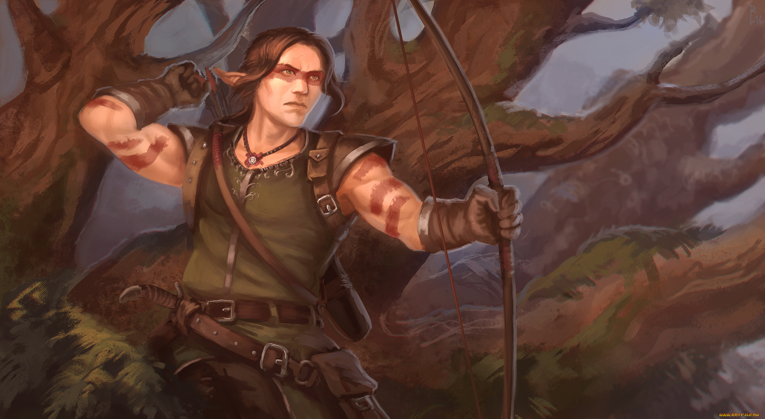 фэнтези, эльфы, мужчина, фон, взгляд, лук