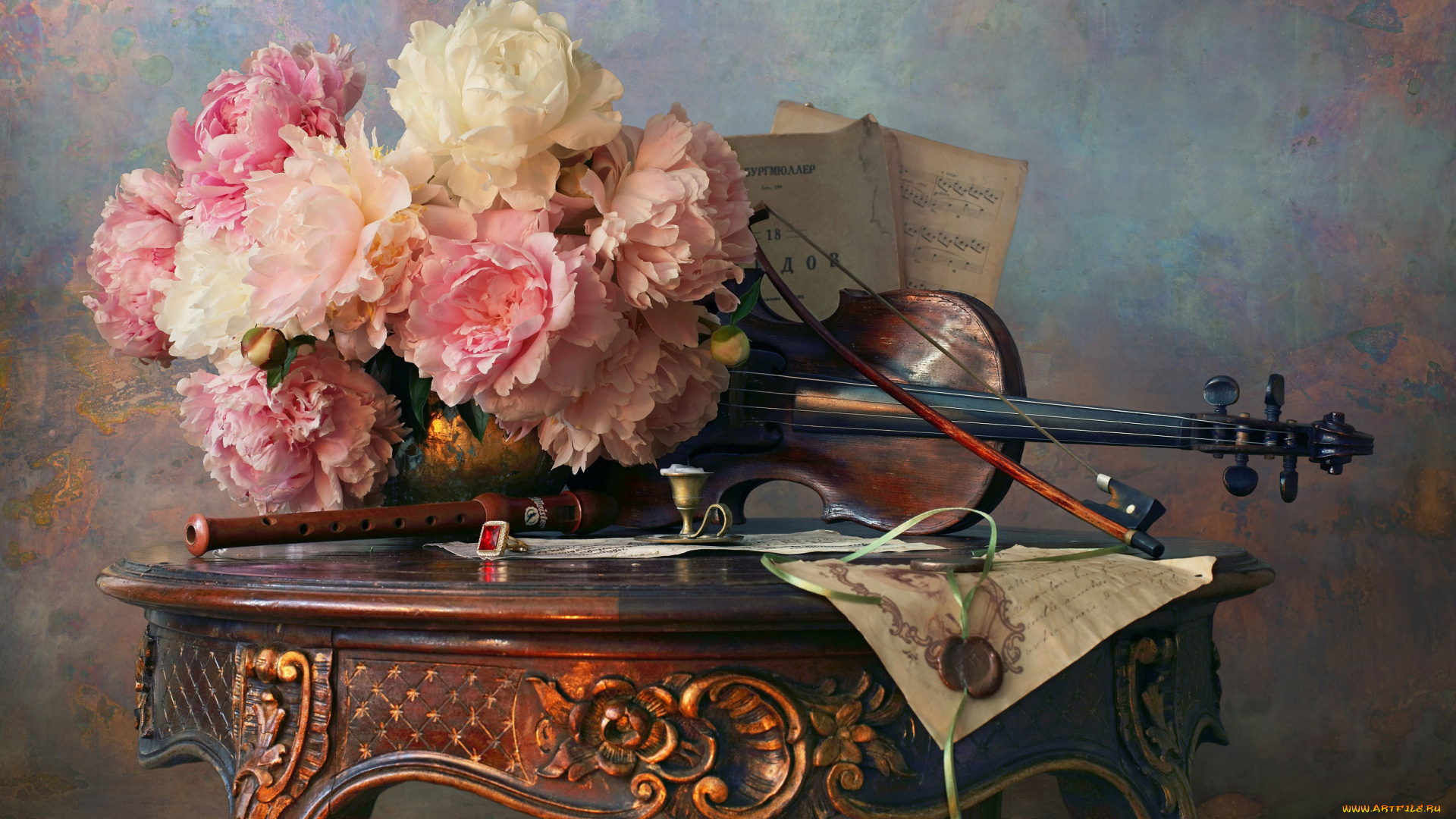 музыка, -музыкальные, инструменты, пионы, скрипка, ноты, флейта