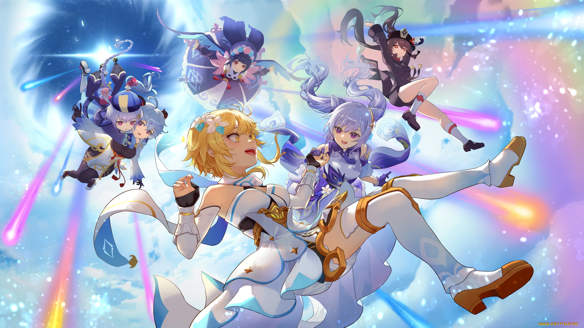 аниме, genshin, impact, полёт, genshin, impact, ganyu, qiqi, lumine, keqing, hutao