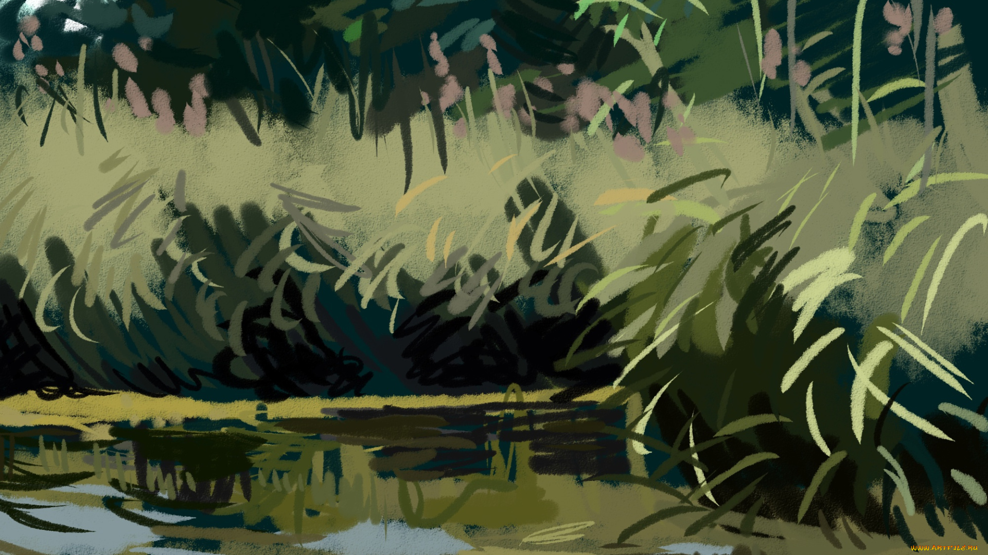 рисованное, природа, озеро, трава