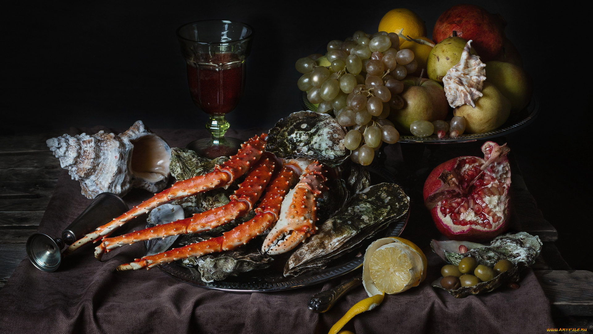 еда, натюрморт, вино, краб, виноград, фрукты, оливки, лимон