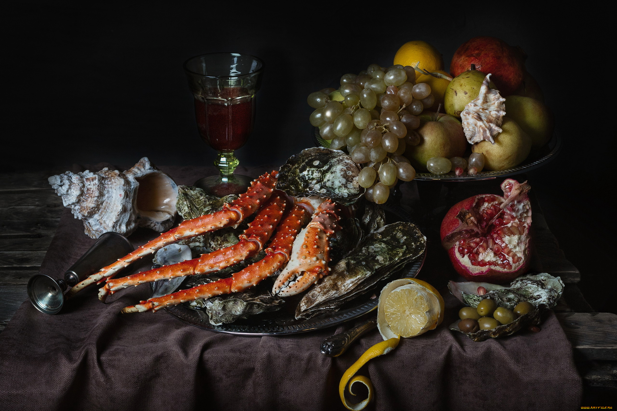 еда, натюрморт, вино, краб, виноград, фрукты, оливки, лимон