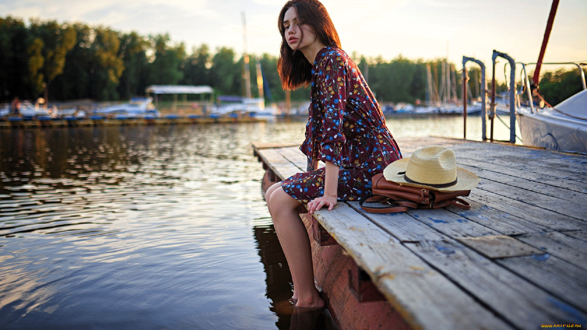 девушки, -, брюнетки, , шатенки, шатенка, платье, шляпа, сумка, причал, озеро