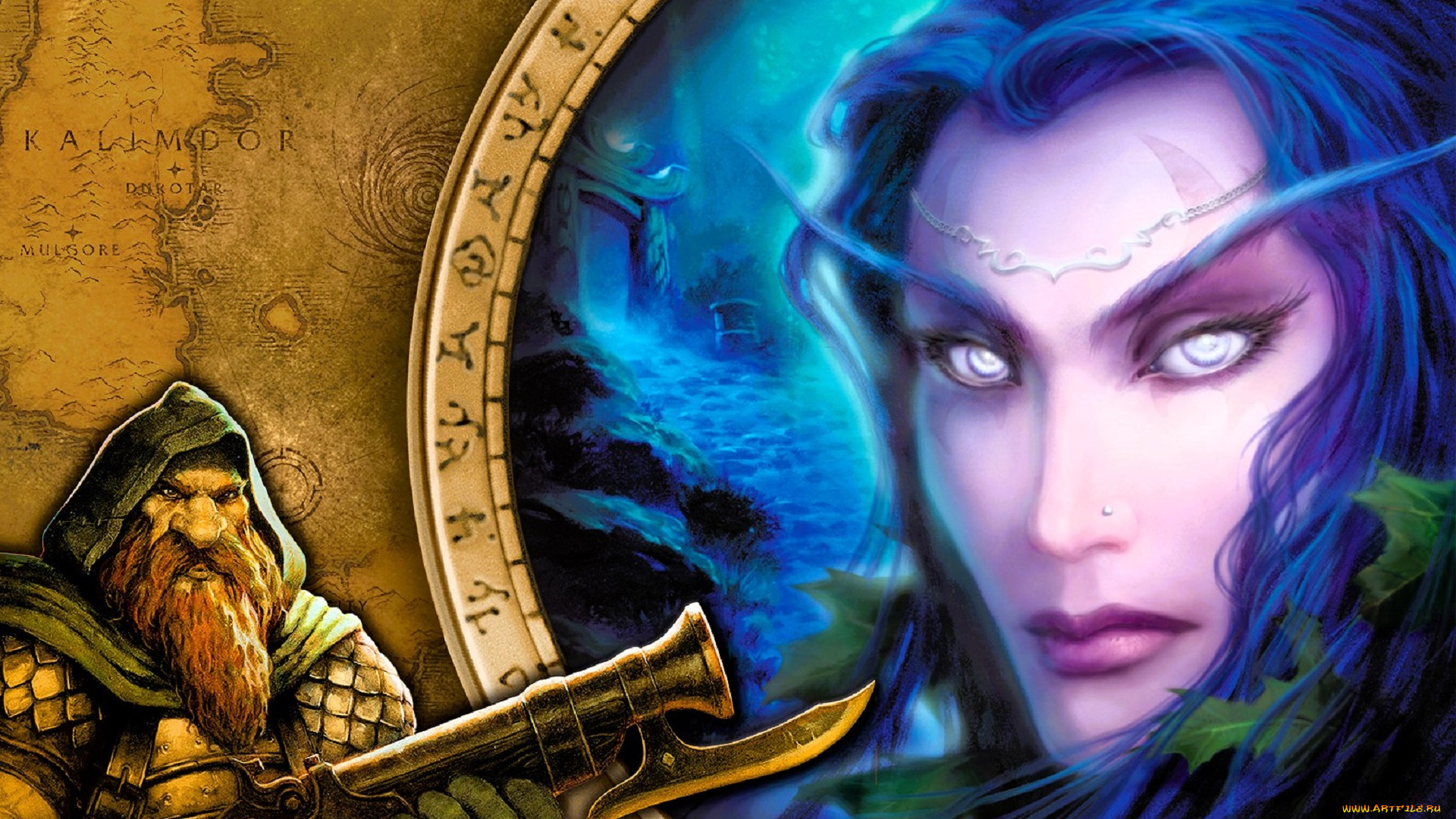 видео, игры, world, of, warcraft, эльфийка, листья, лицо, гном, оружие