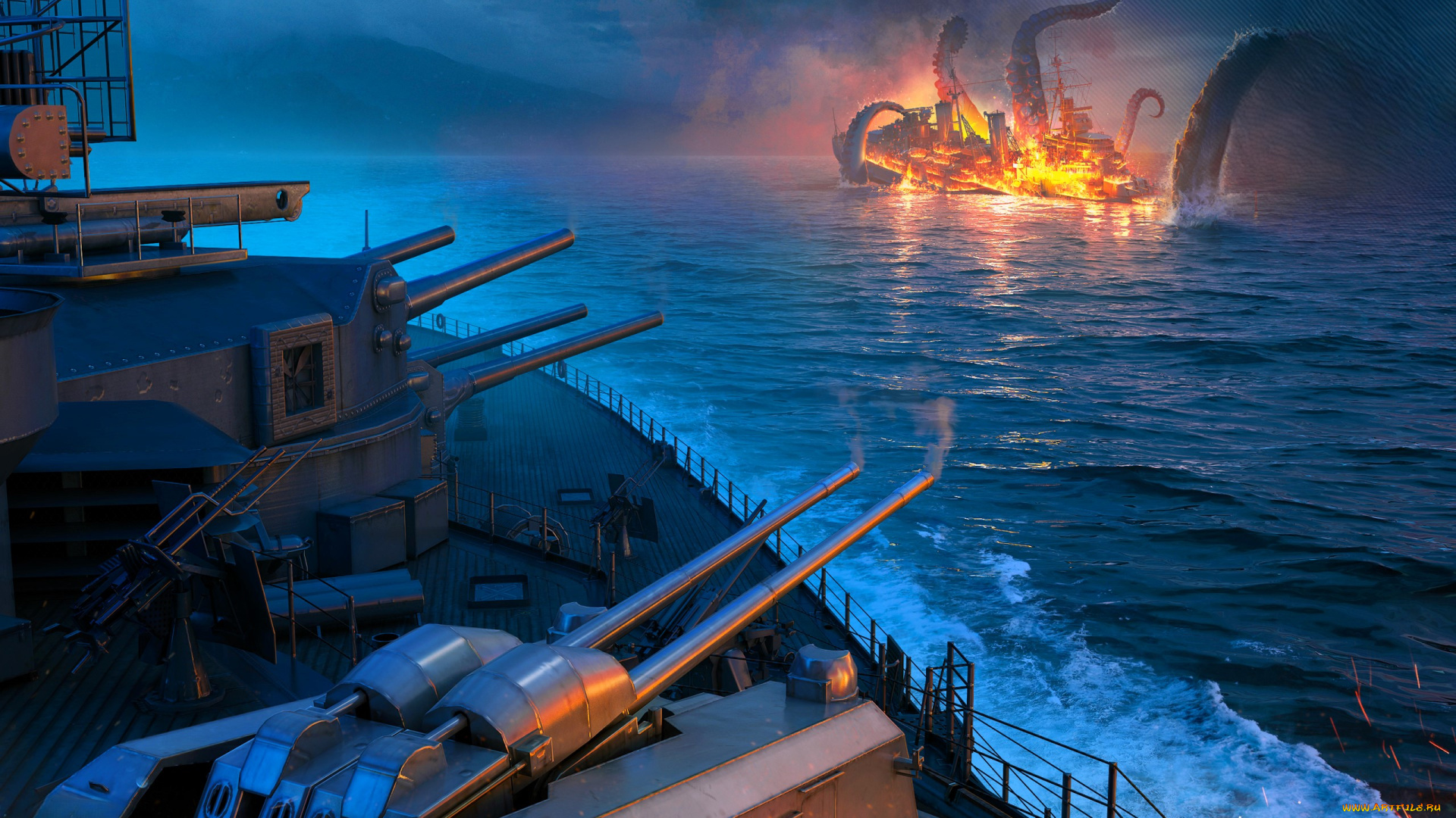 видео, игры, world, of, warships, море, корабли, выстрел, пушки, кракен, щупальца, огонь