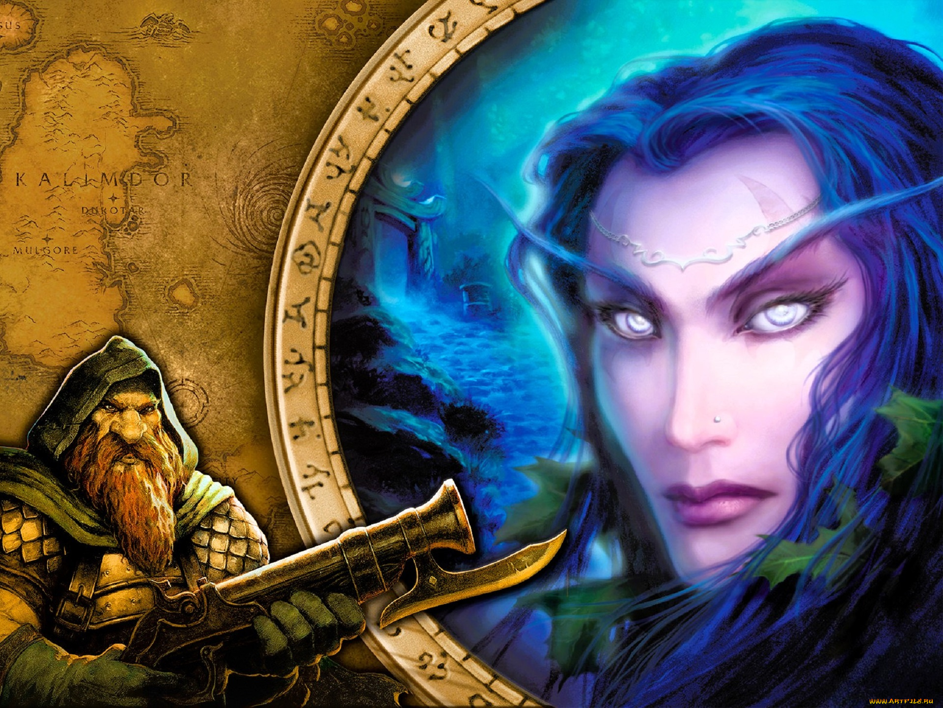 видео, игры, world, of, warcraft, эльфийка, листья, лицо, гном, оружие