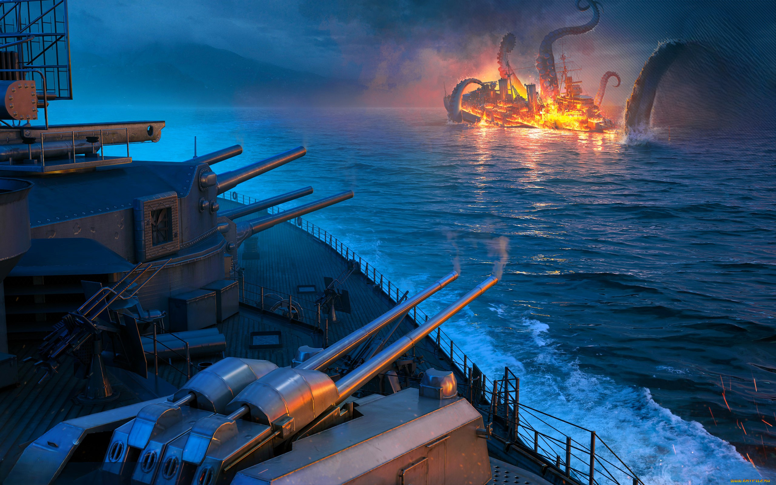 видео, игры, world, of, warships, море, корабли, выстрел, пушки, кракен, щупальца, огонь