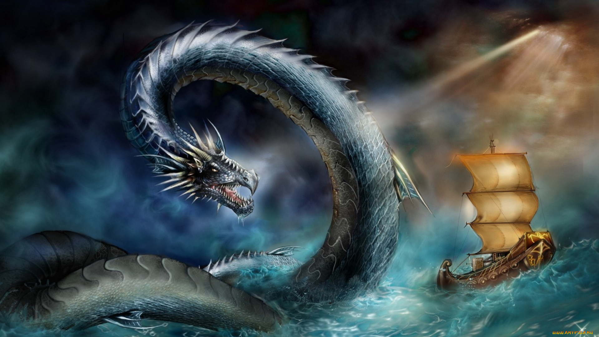 фэнтези, существа, корабль, морской, змей, парусник, море