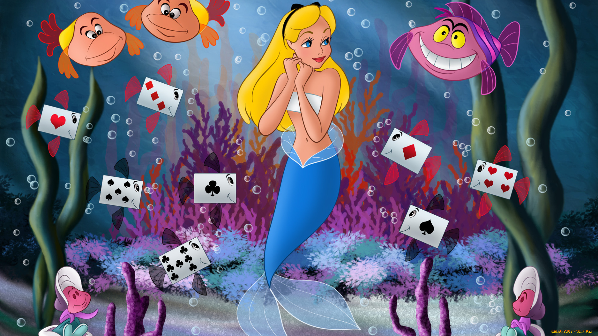 мультфильмы, alice, in, wonderland, рыбы, русалка