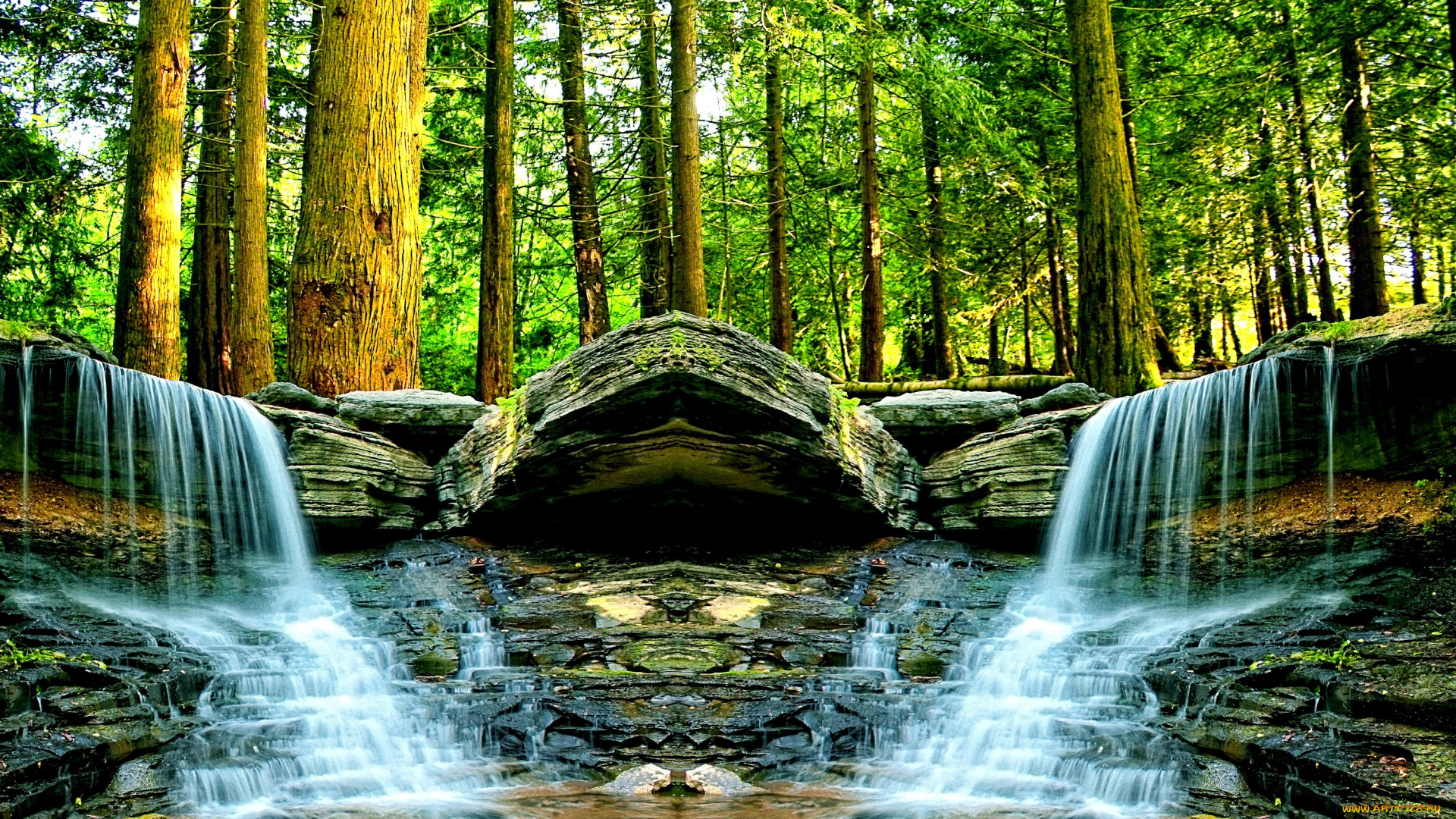 природа, водопады, лес, река, обрыв, водопад