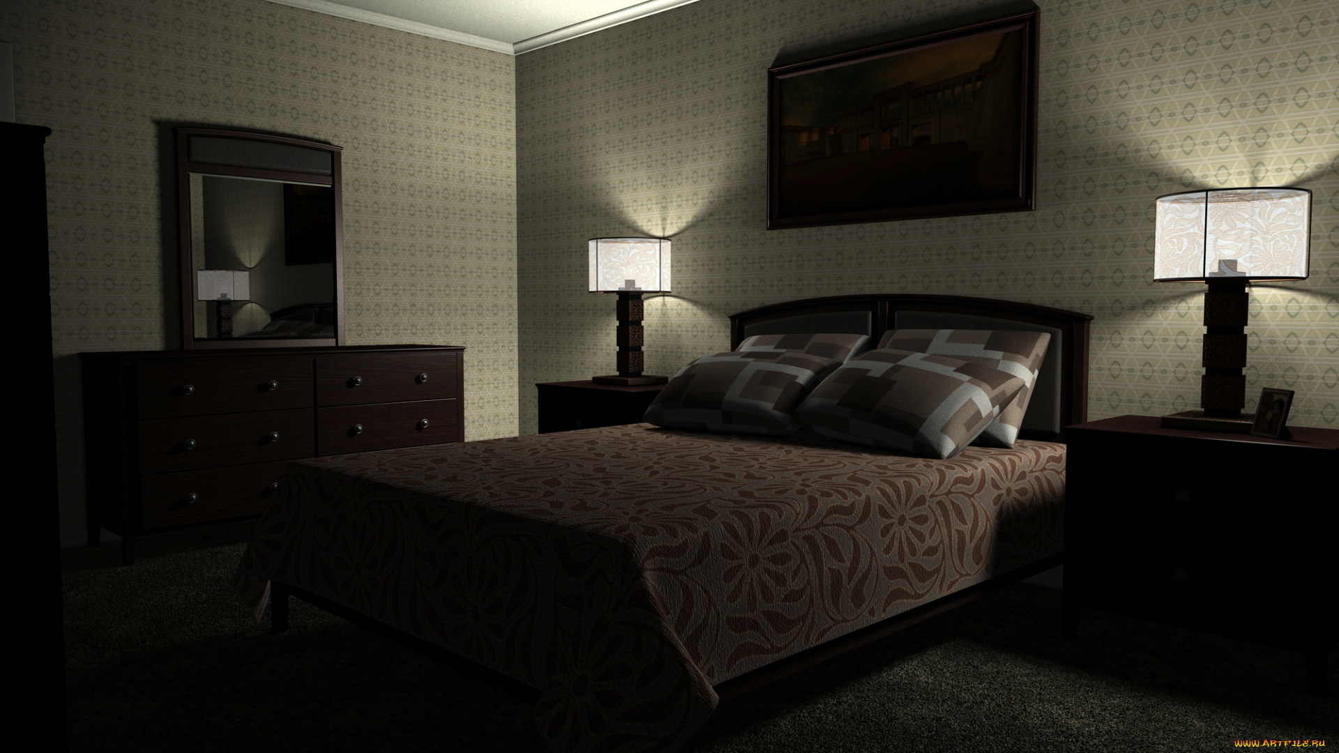 3д, графика, realism, , реализм, спальня, кровать, подушки