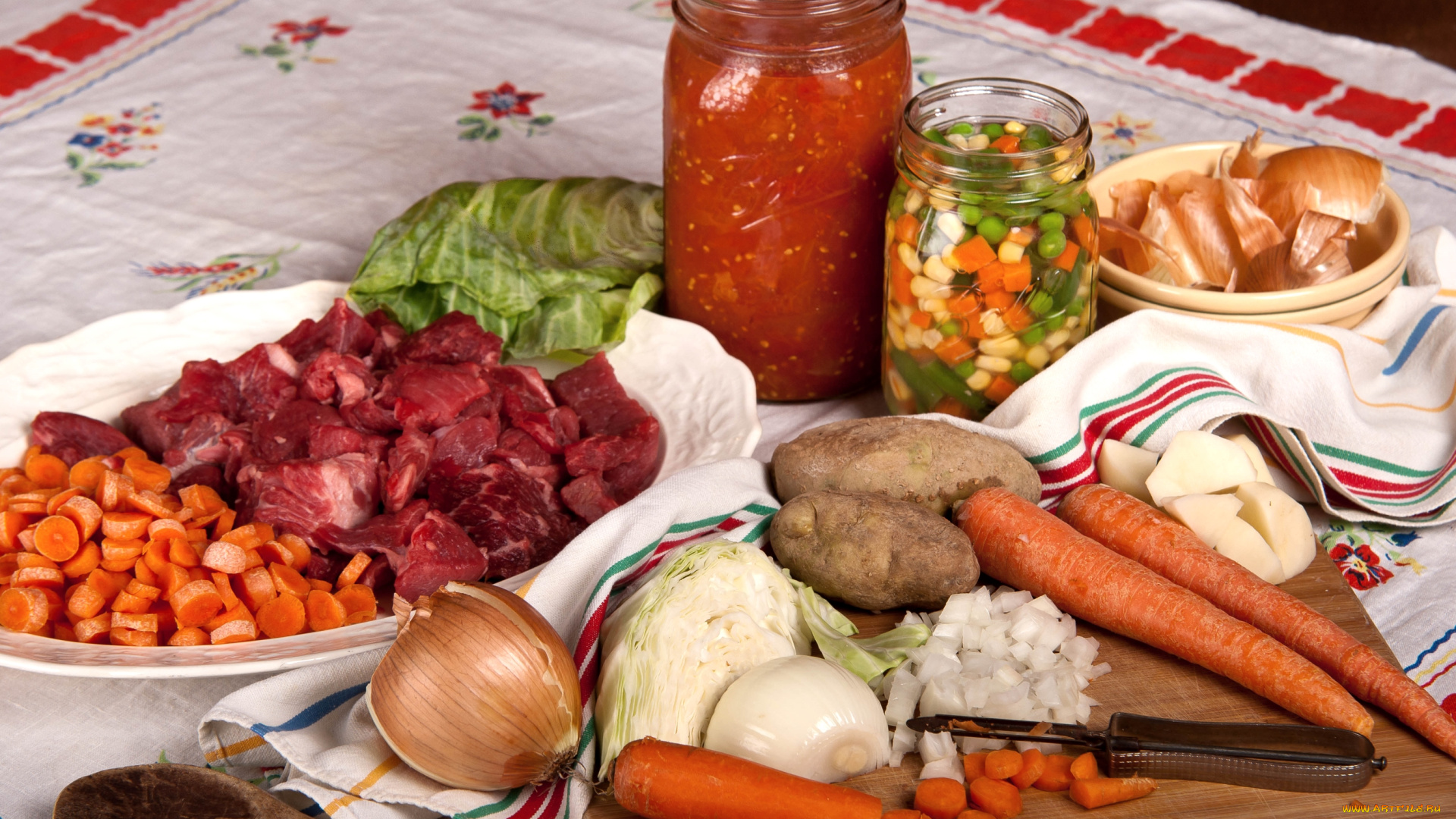 еда, разное, ингредиенты, мясо, овощи