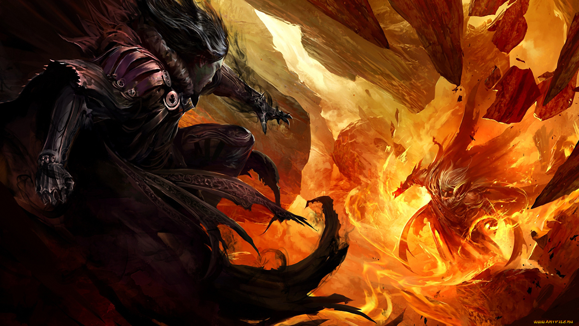 фэнтези, демоны, демон, воин, сражение, огонь, пламя, скалы