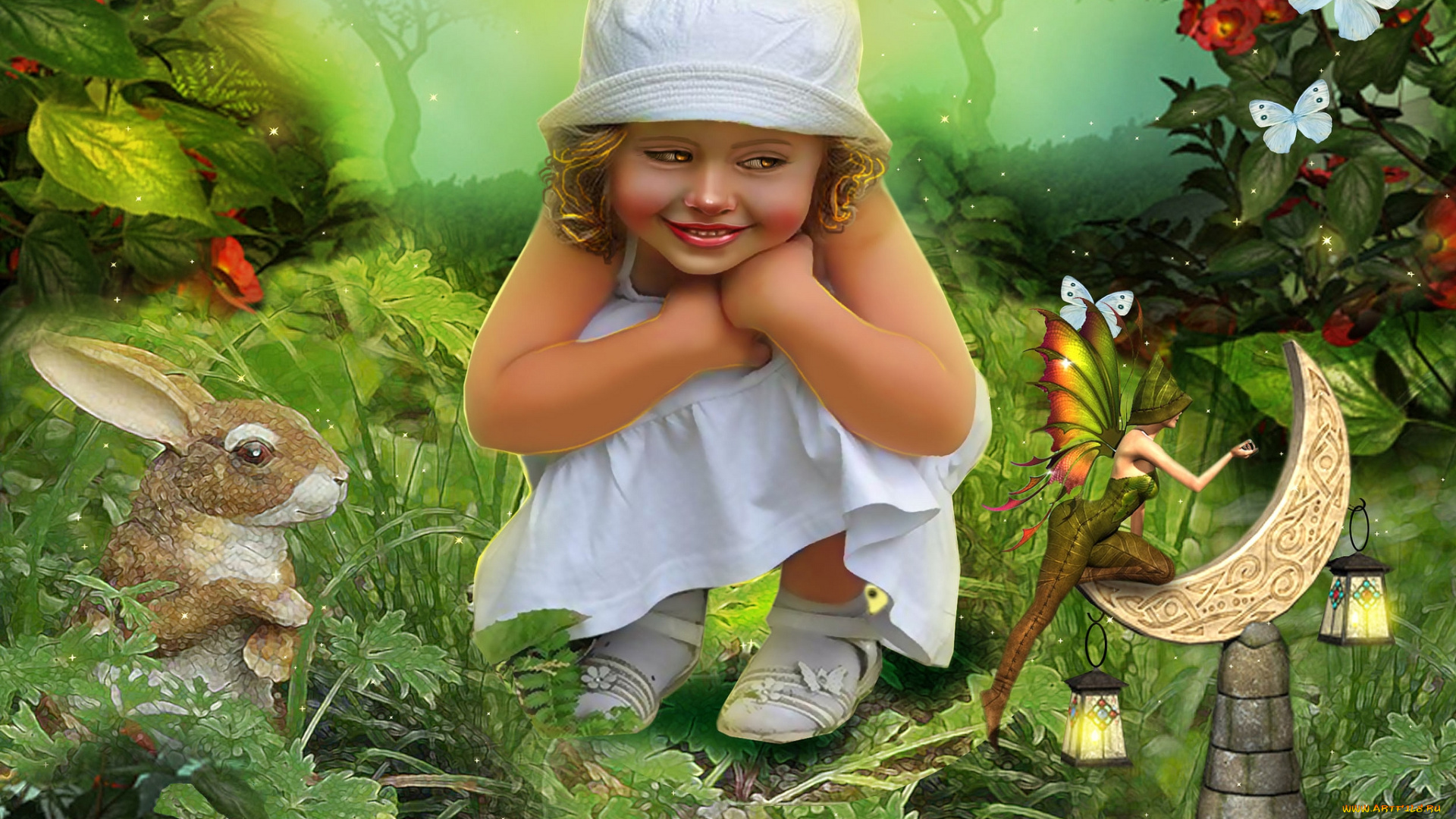 фэнтези, фотоарт, кролик, фея, лес, девочка